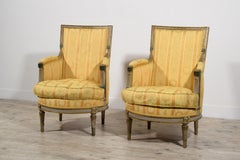 19th Century, Pair of French Lacquered and Giltwood Armchairs