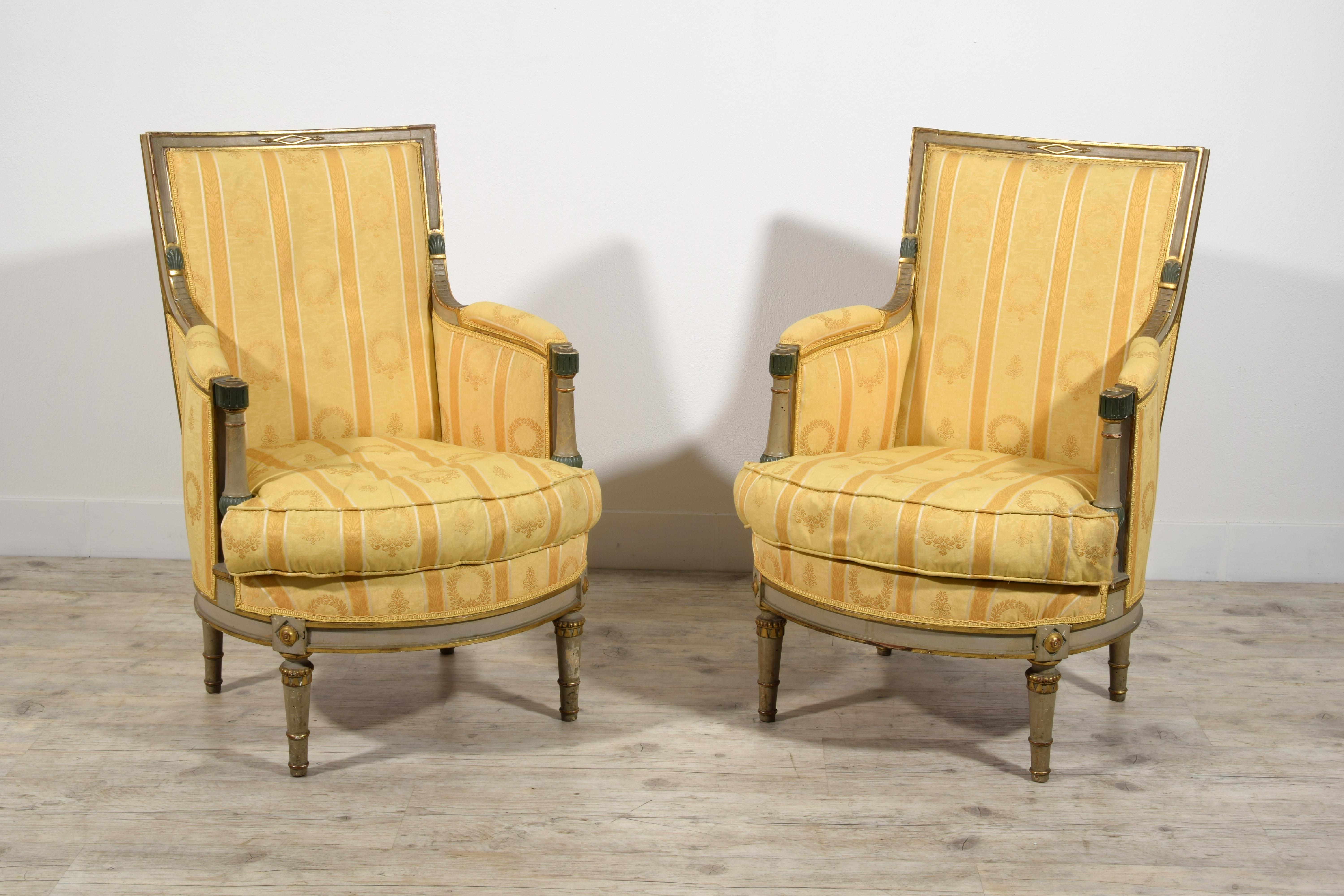 Louis XVI 19th Century, Pair of French Lacquered and Giltwood Armchairs For Sale