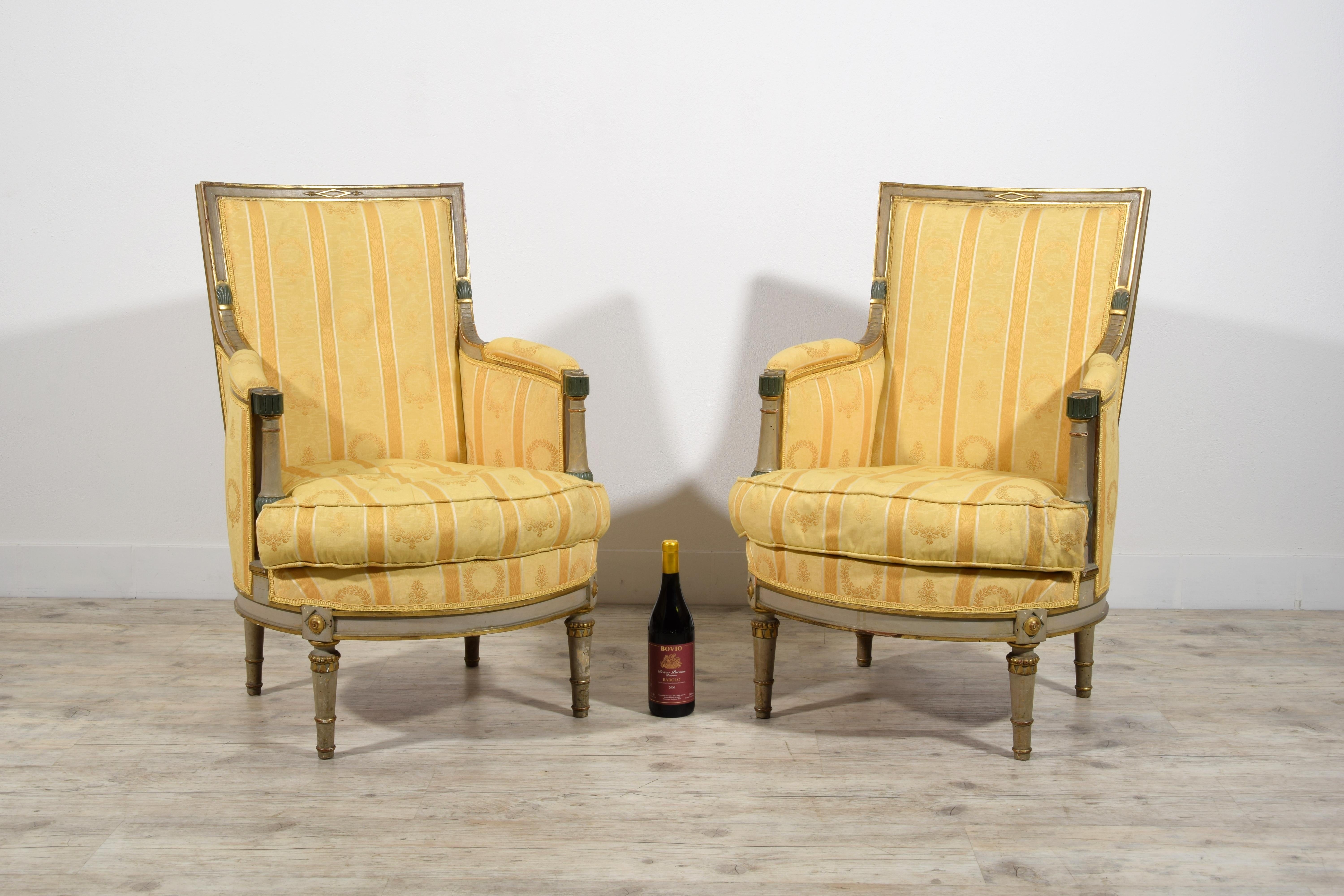 Wood 19th Century, Pair of French Lacquered and Giltwood Armchairs For Sale