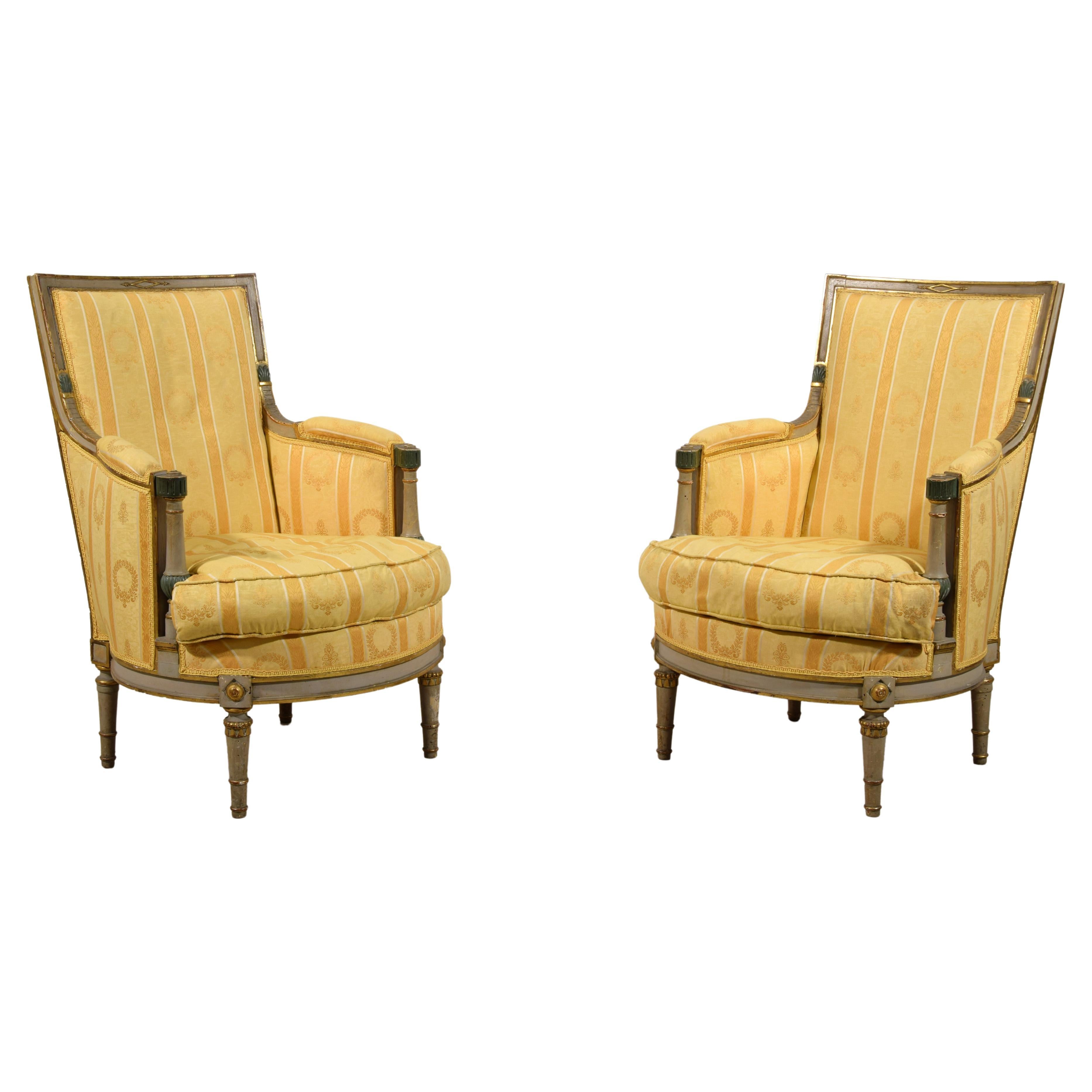 19th Century, Pair of French Lacquered and Giltwood Armchairs
