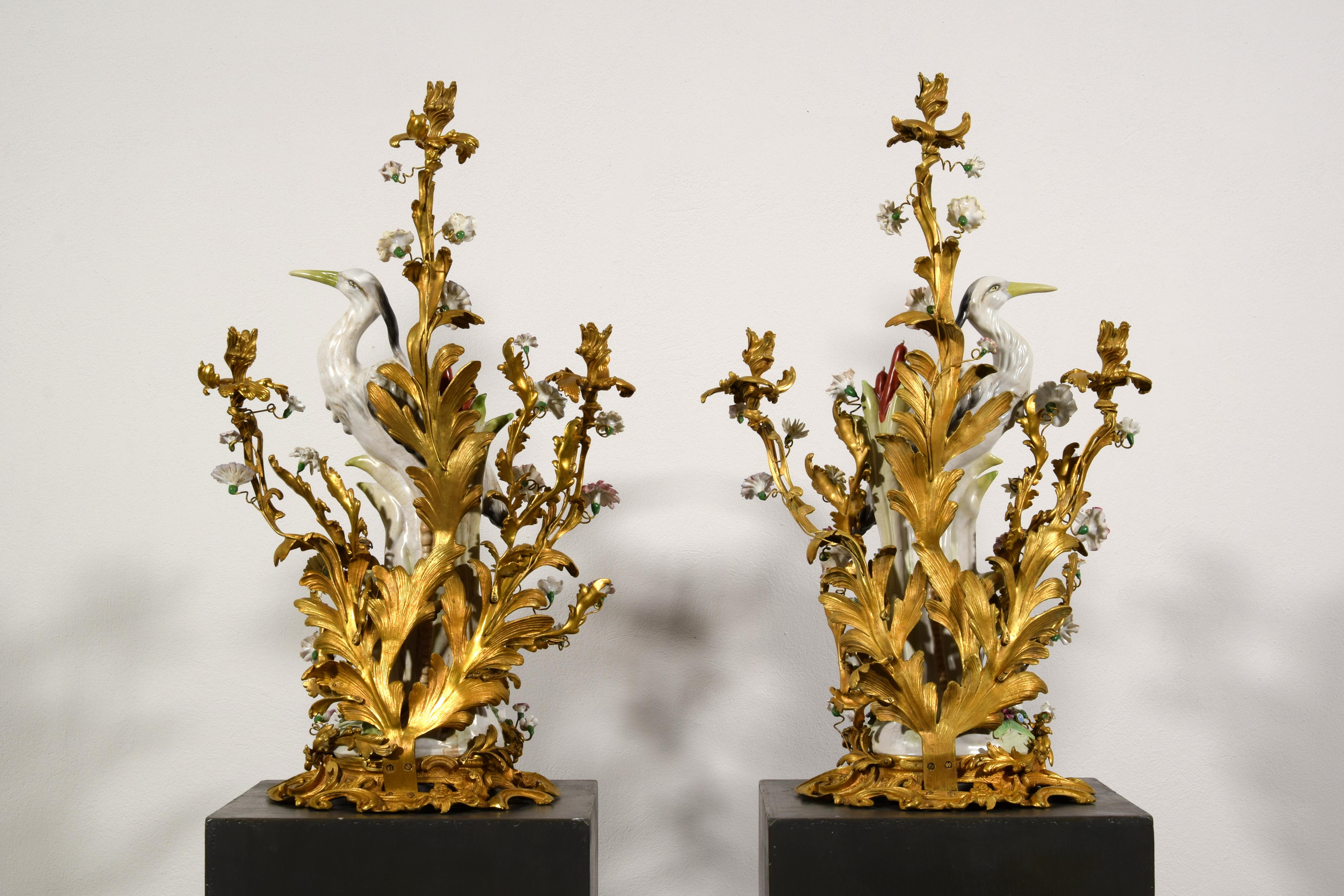 19th Century, Pair of French Large Gilt Bronze and Porcelain Candelabras For Sale 7