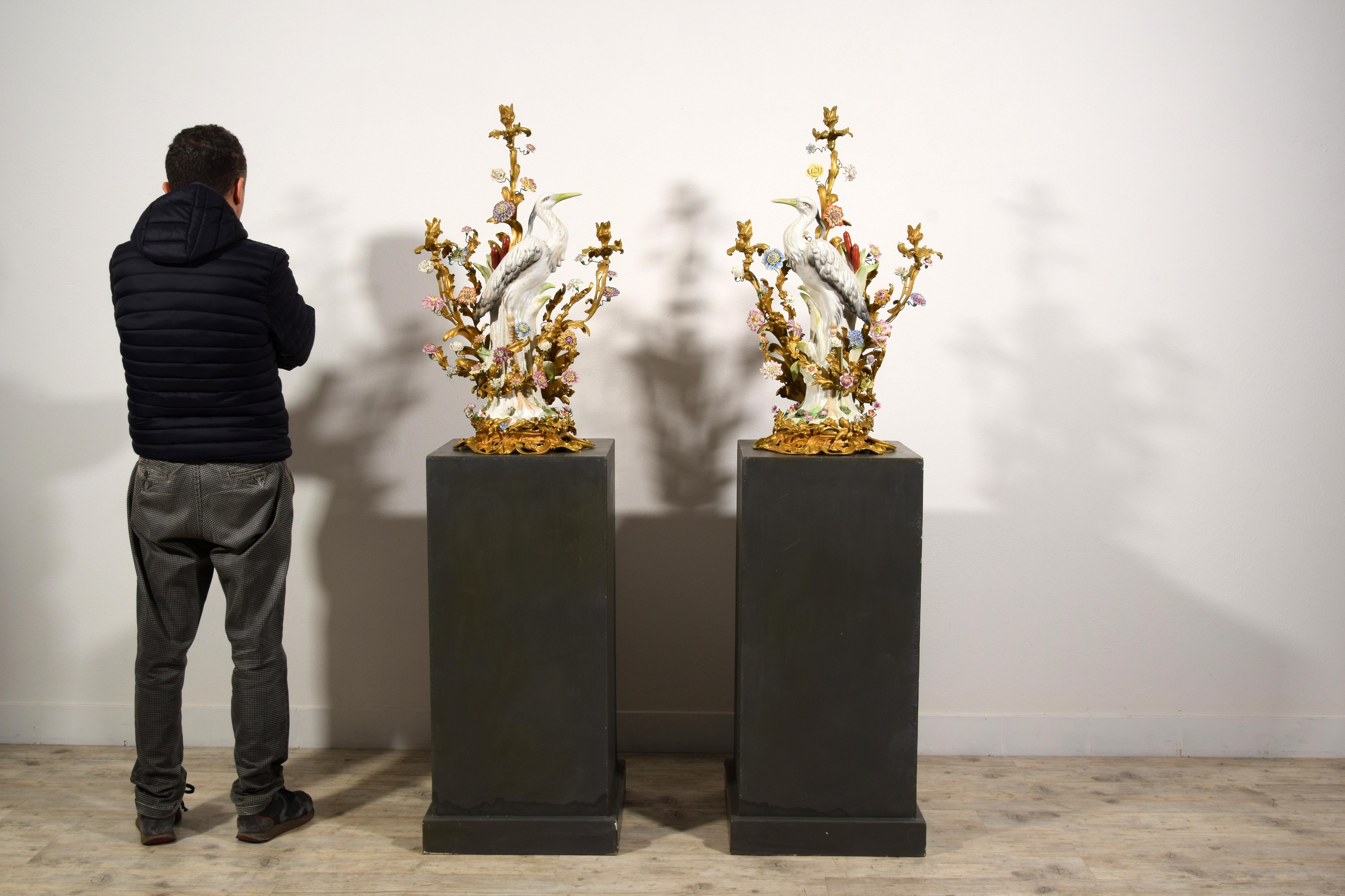 19th Century, Pair of French Large Gilt Bronze and Porcelain Candelabras For Sale 8