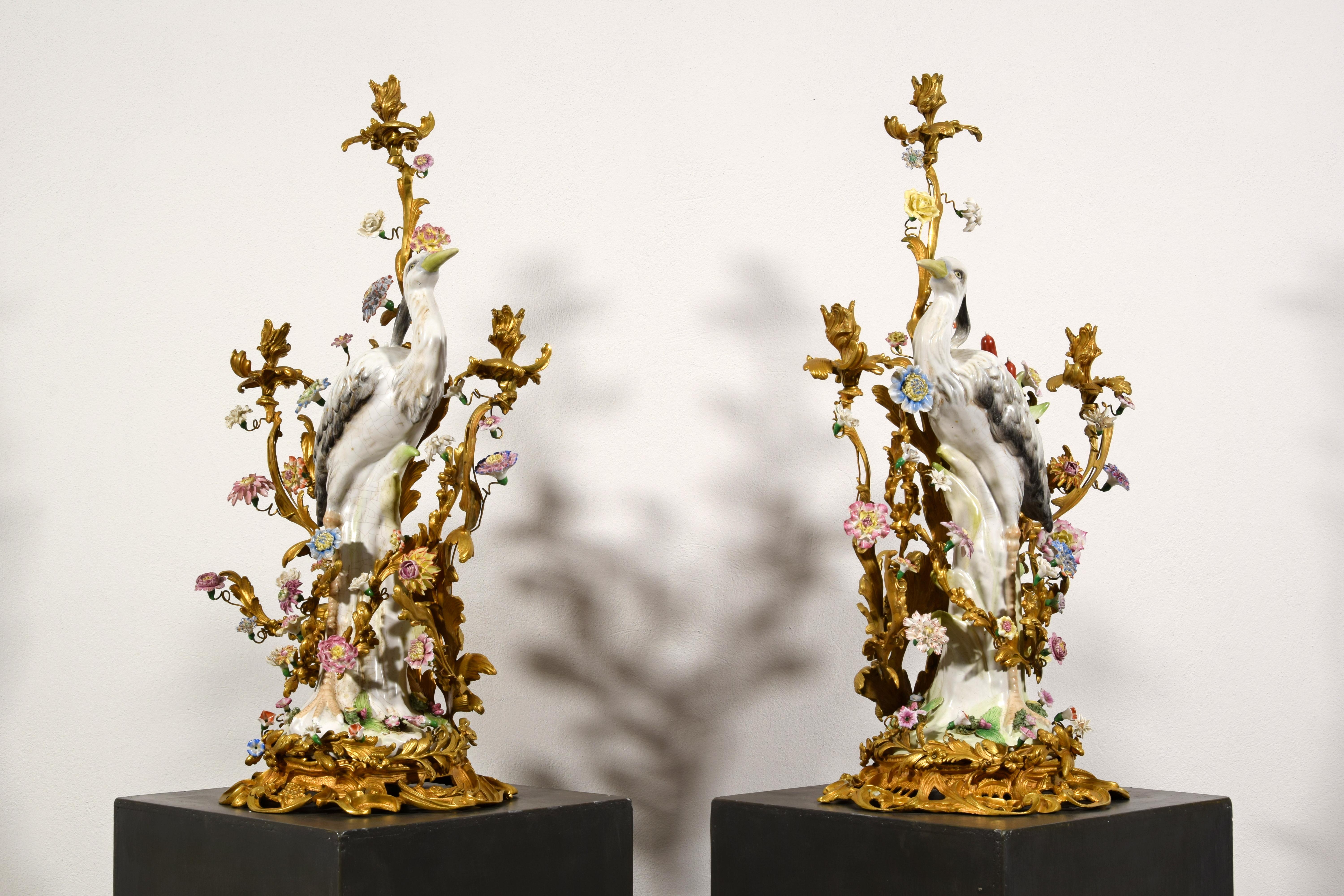 19th Century, Pair of French Large Gilt Bronze and Porcelain Candelabras For Sale 10