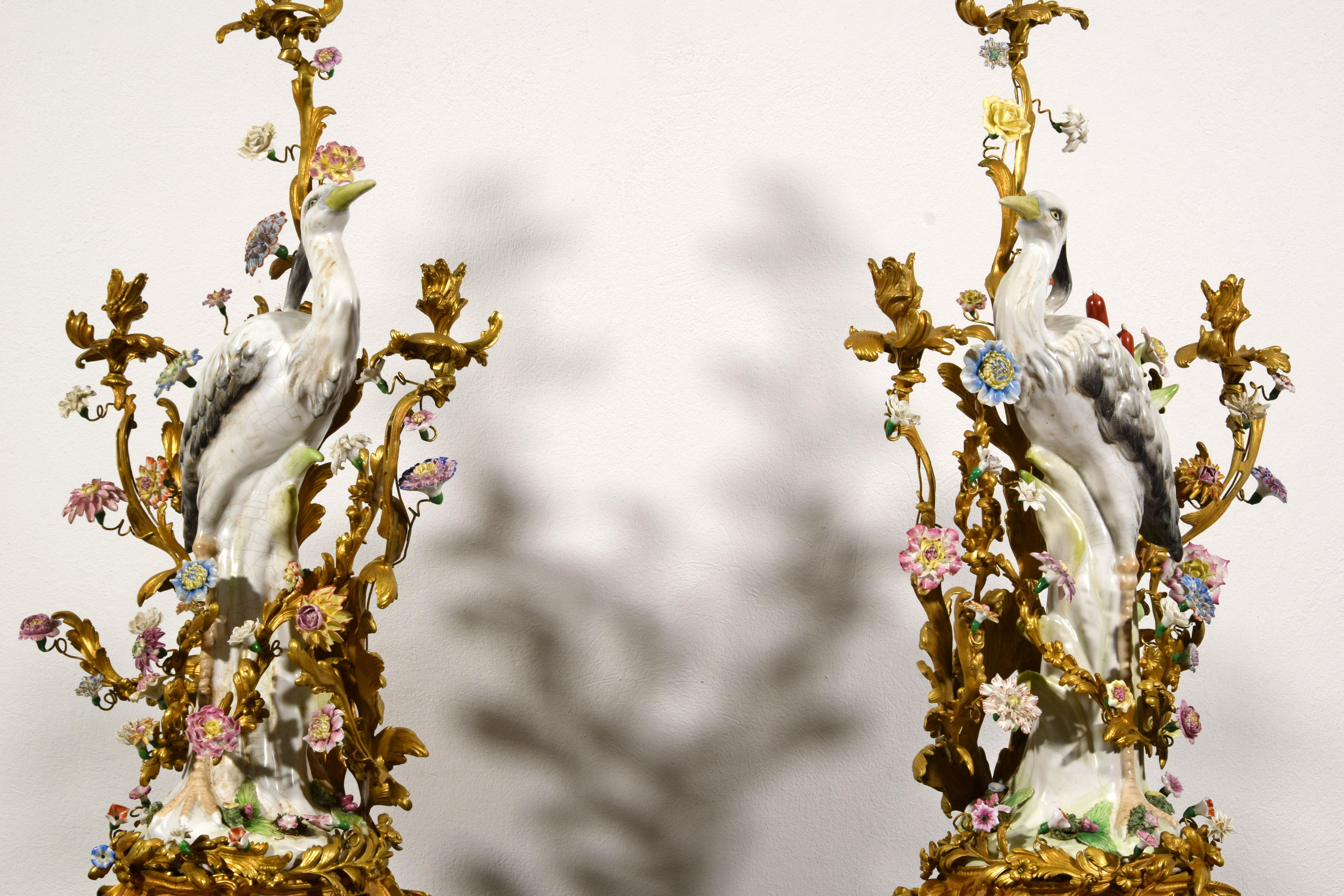 19th Century, Pair of French Large Gilt Bronze and Porcelain Candelabras For Sale 11