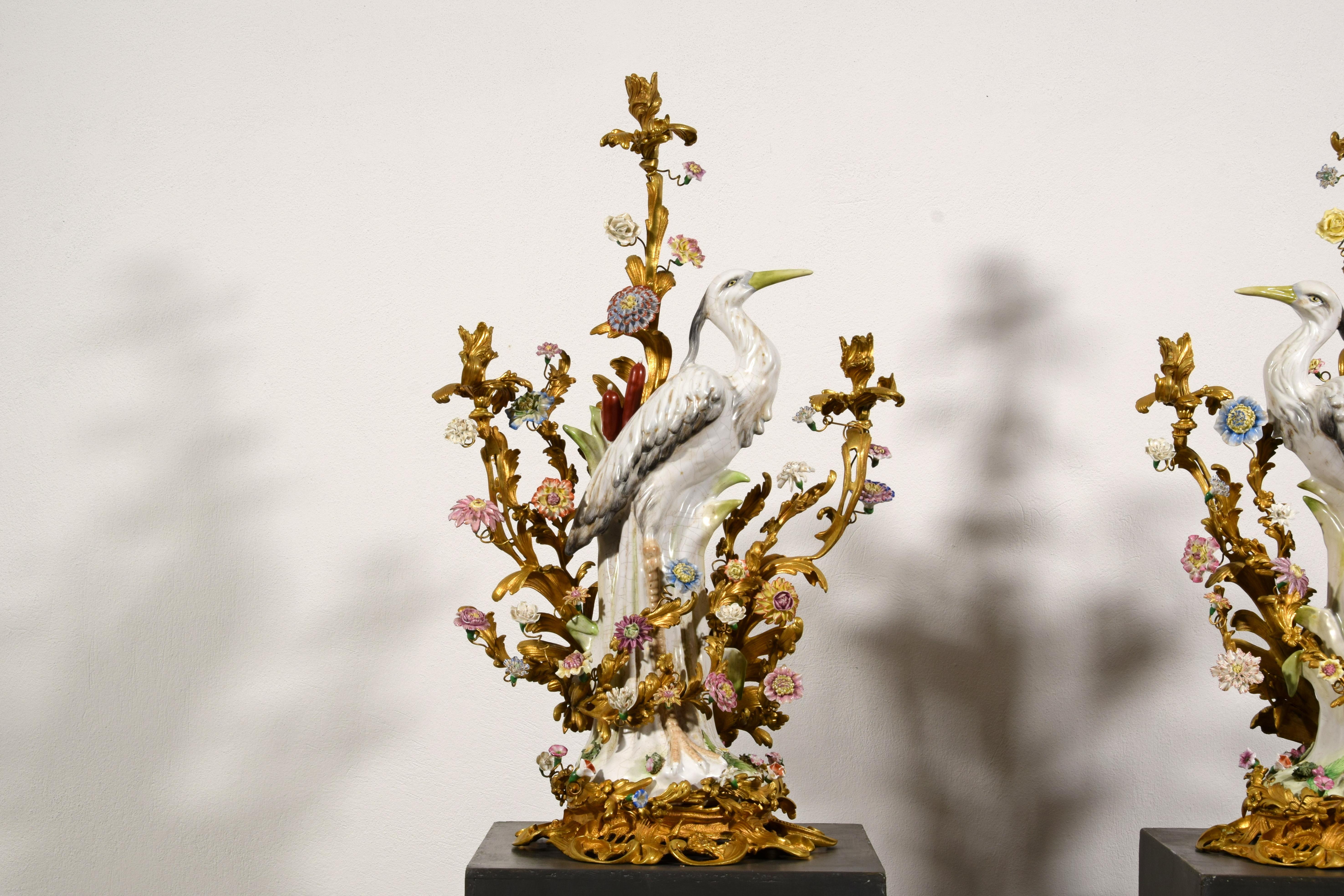 19th Century, Pair of French Large Gilt Bronze and Porcelain Candelabras For Sale 12