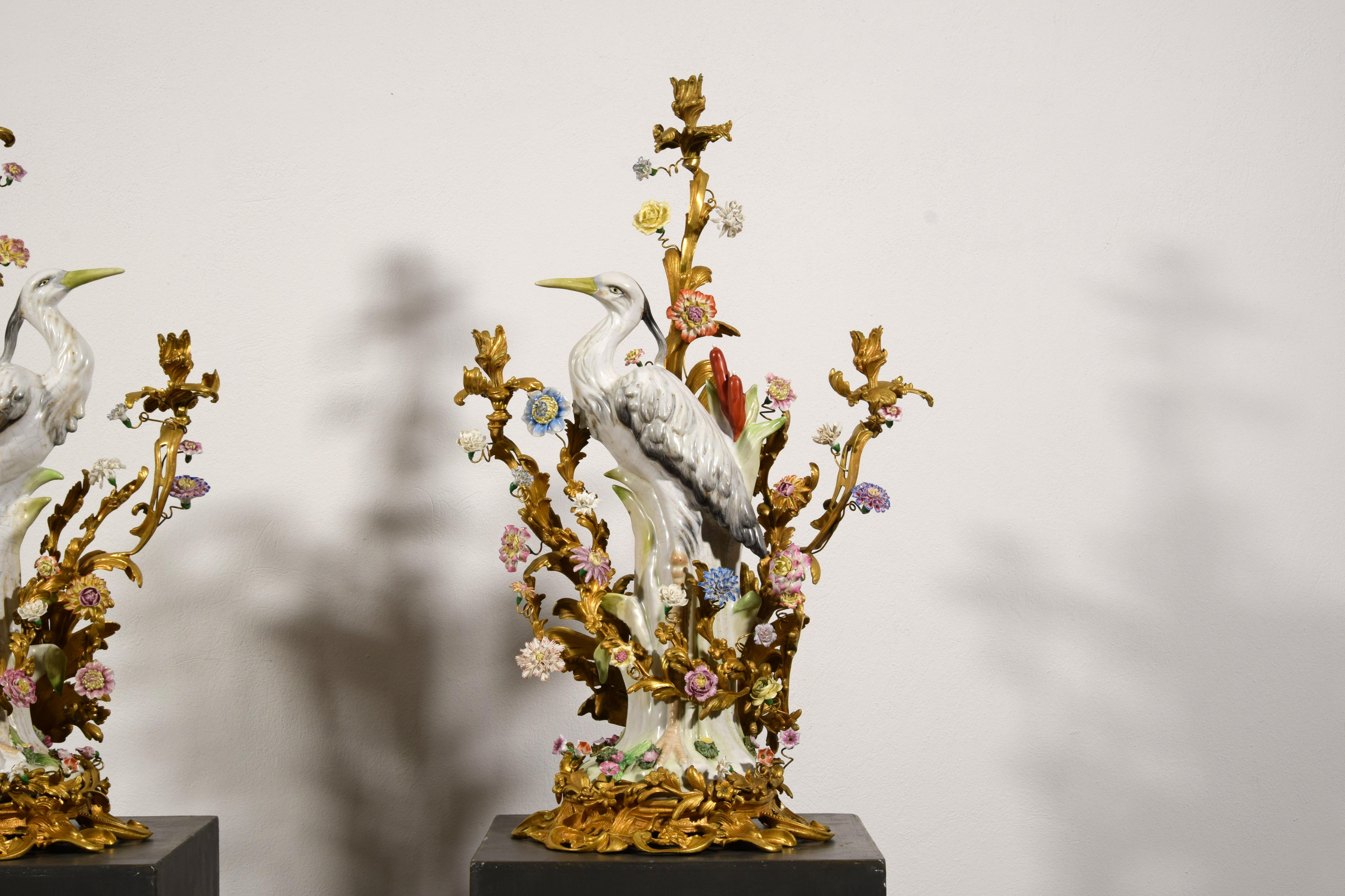 19th Century, Pair of French Large Gilt Bronze and Porcelain Candelabras For Sale 13