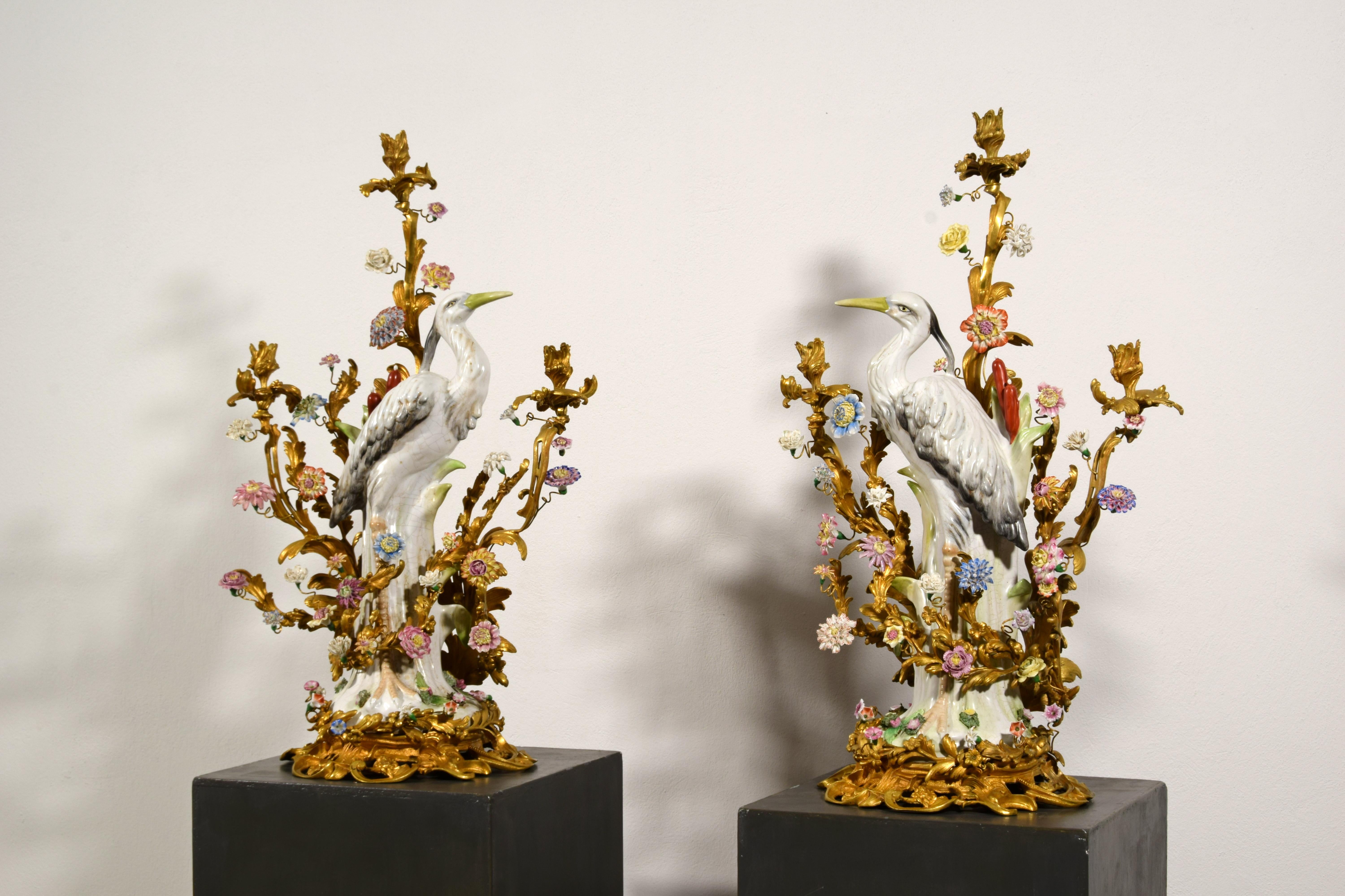 Louis XV 19th Century, Pair of French Large Gilt Bronze and Porcelain Candelabras For Sale