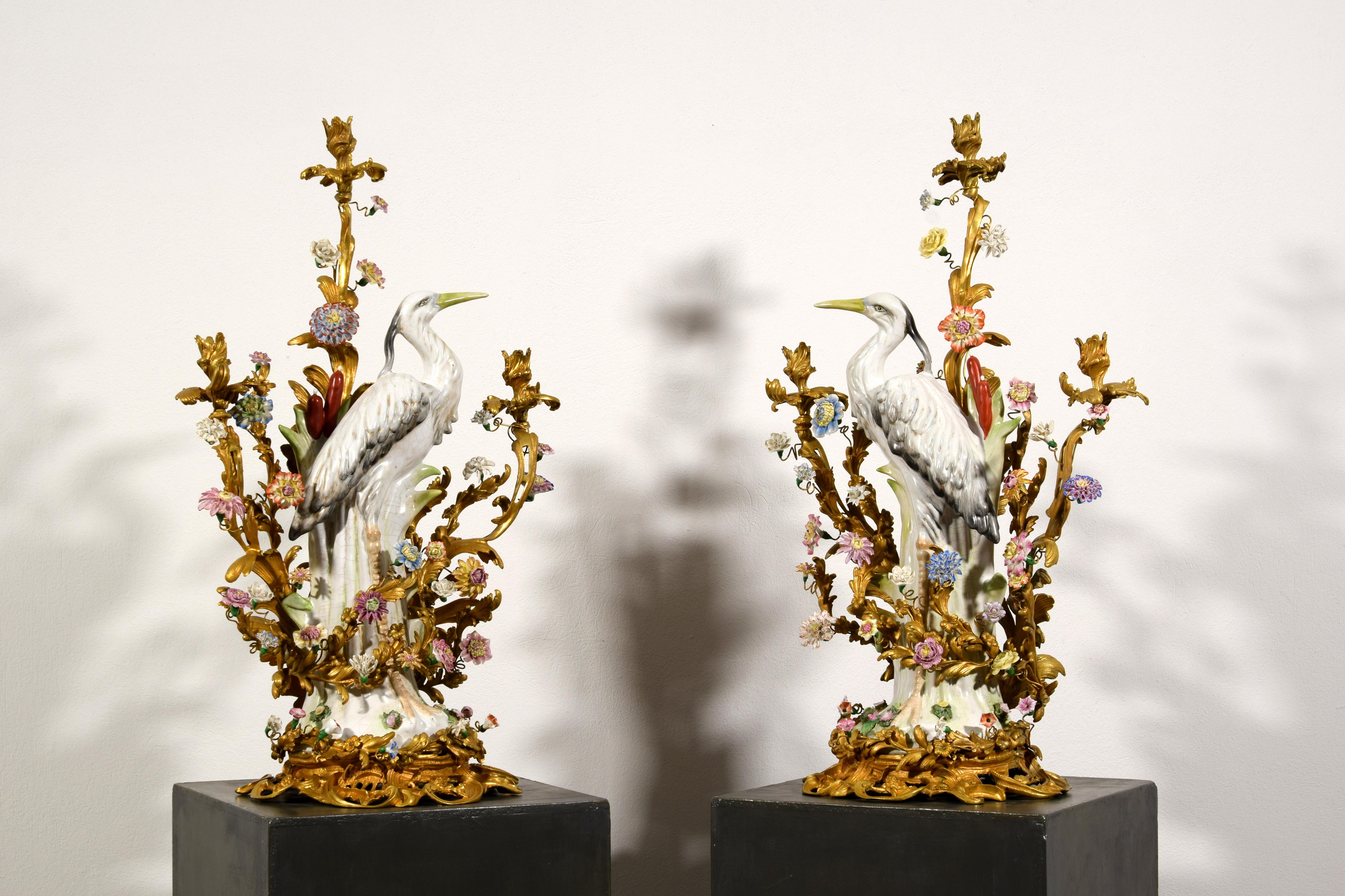 19th Century, Pair of French Large Gilt Bronze and Porcelain Candelabras For Sale 1