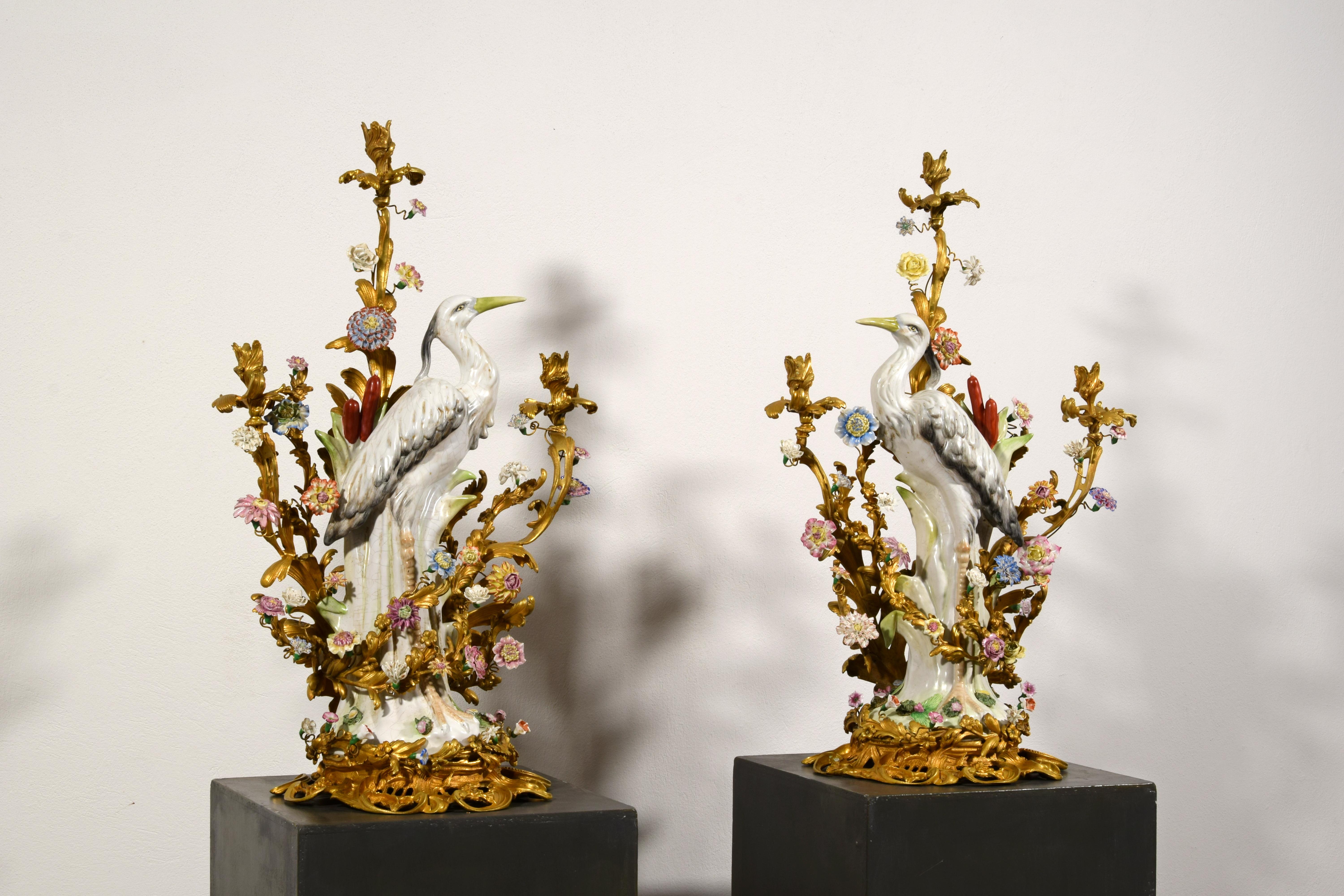 19th Century, Pair of French Large Gilt Bronze and Porcelain Candelabras For Sale 2