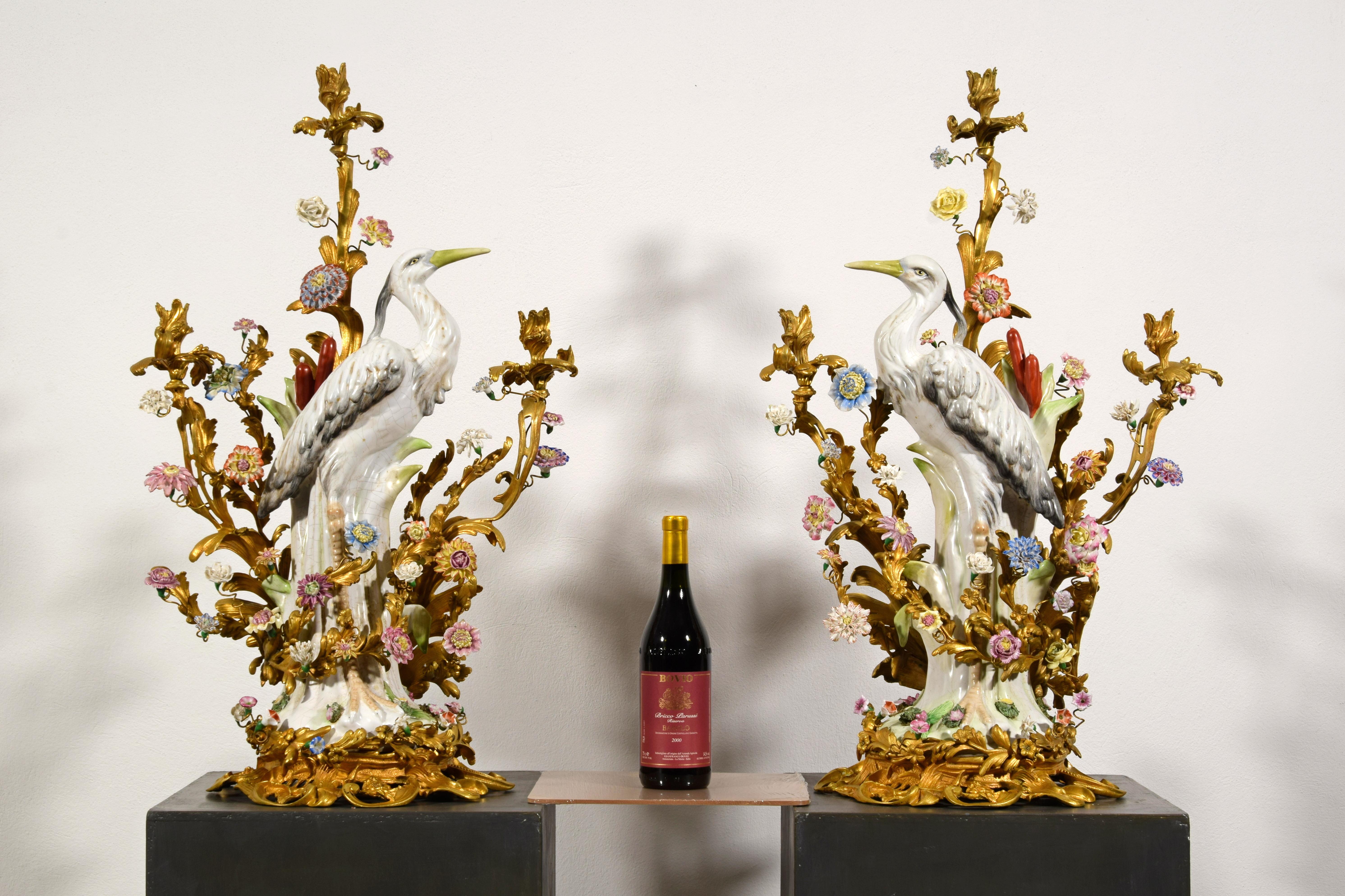19th Century, Pair of French Large Gilt Bronze and Porcelain Candelabras For Sale 3