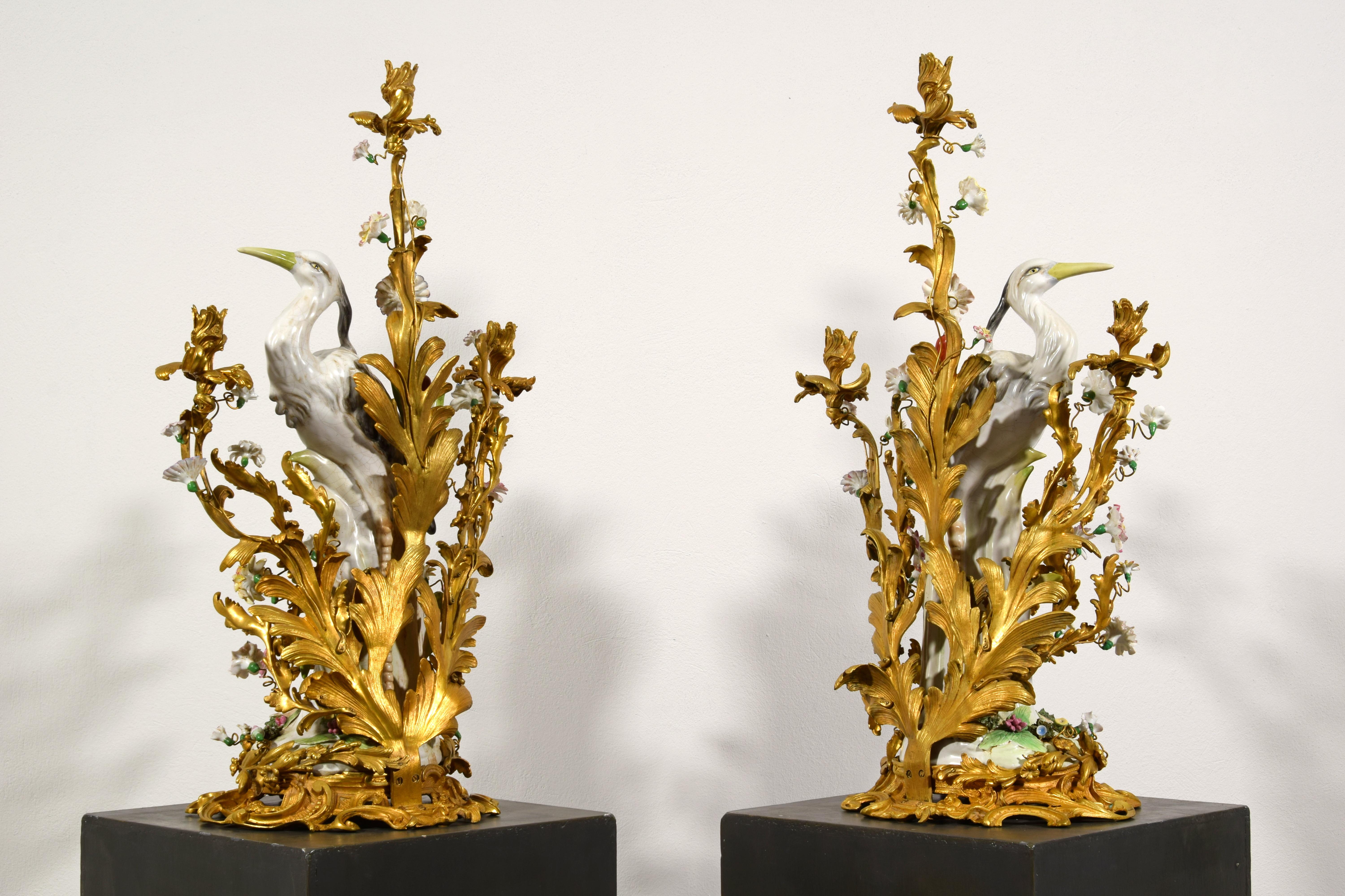 19th Century, Pair of French Large Gilt Bronze and Porcelain Candelabras For Sale 4