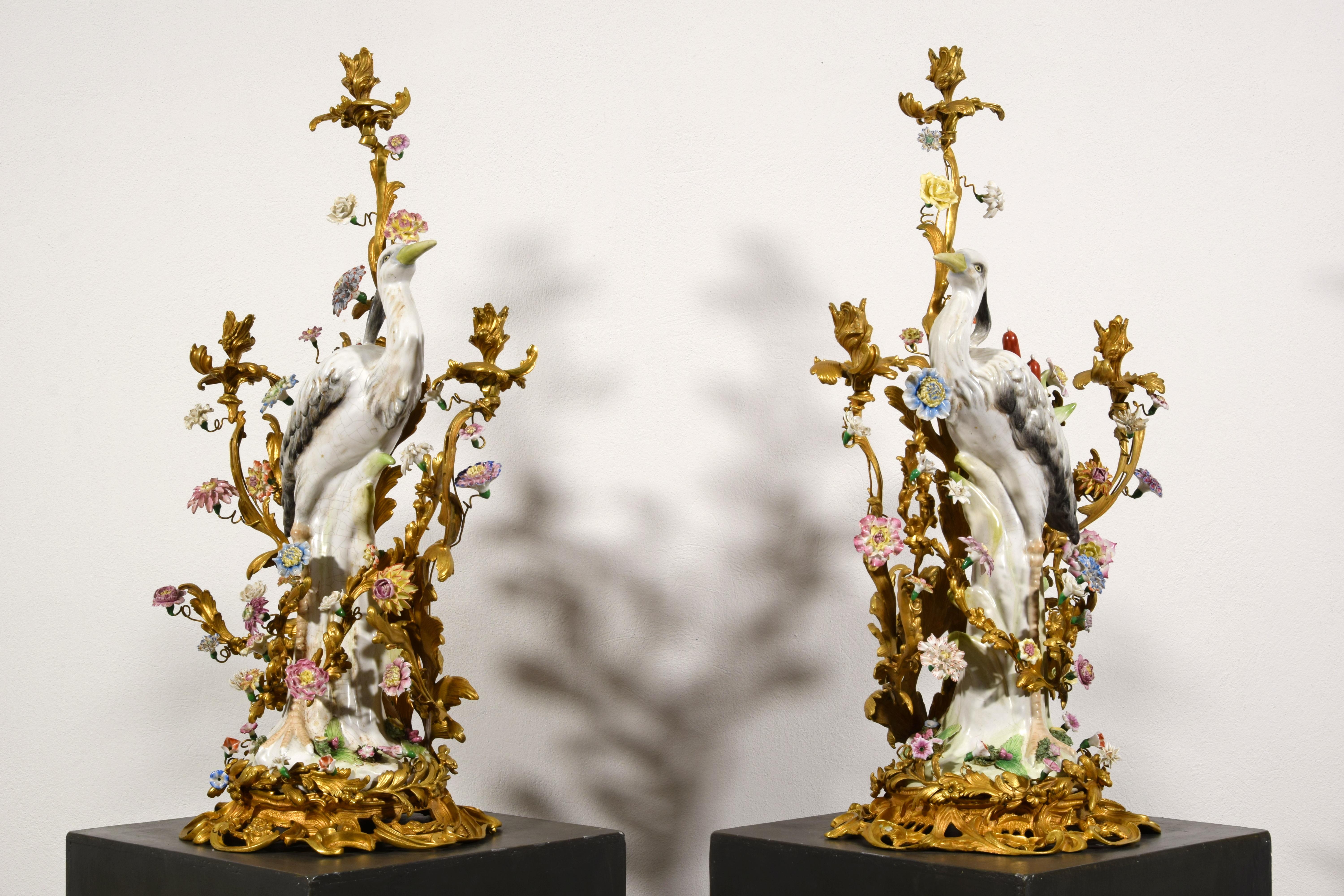 19th Century, Pair of French Large Gilt Bronze and Porcelain Candelabras For Sale 6