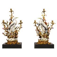 19th Century, Pair of French Large Gilt Bronze and Porcelain Candelabras