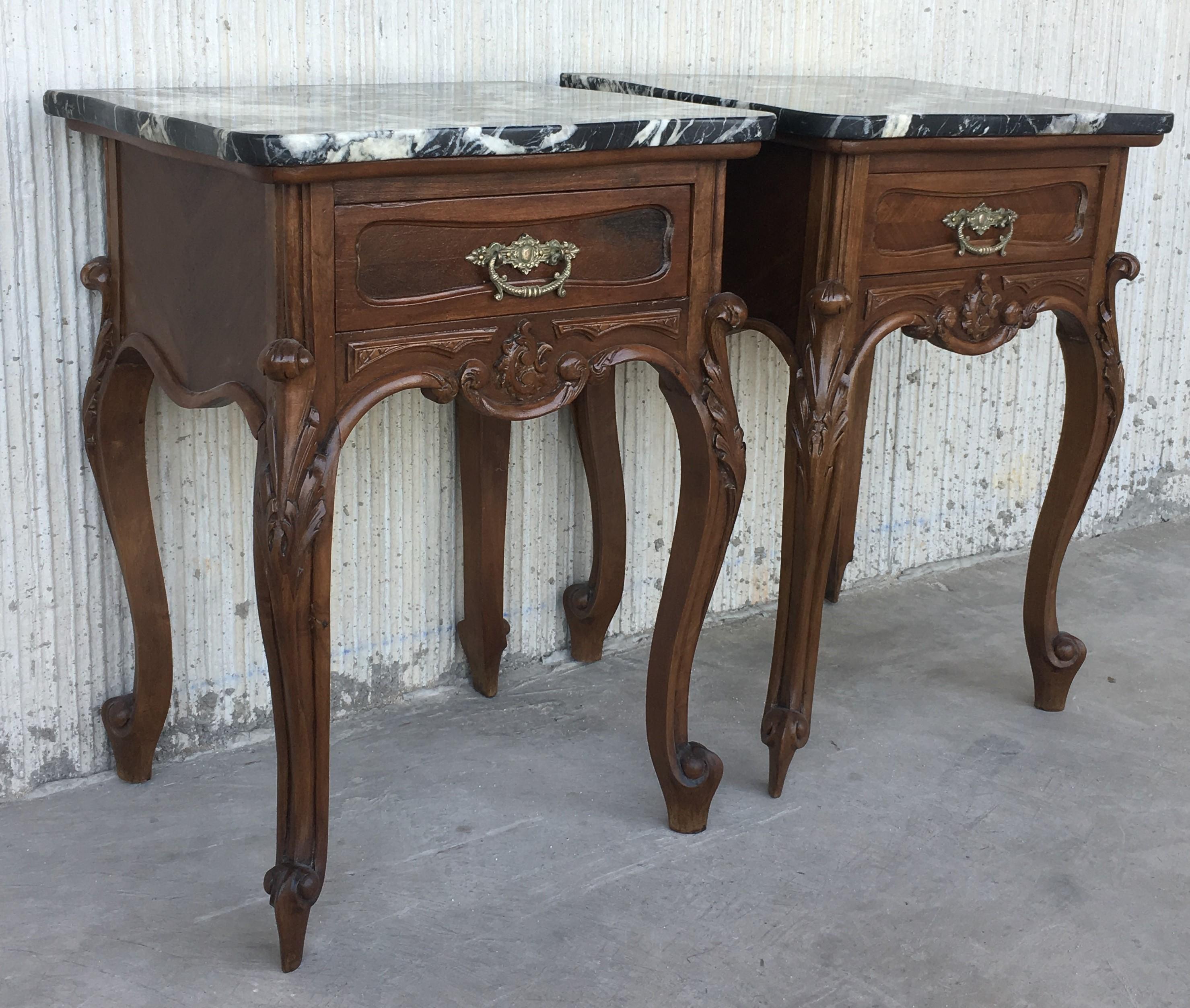 19th century pair of Louis XV carved nightstand with one drawer and marble top.