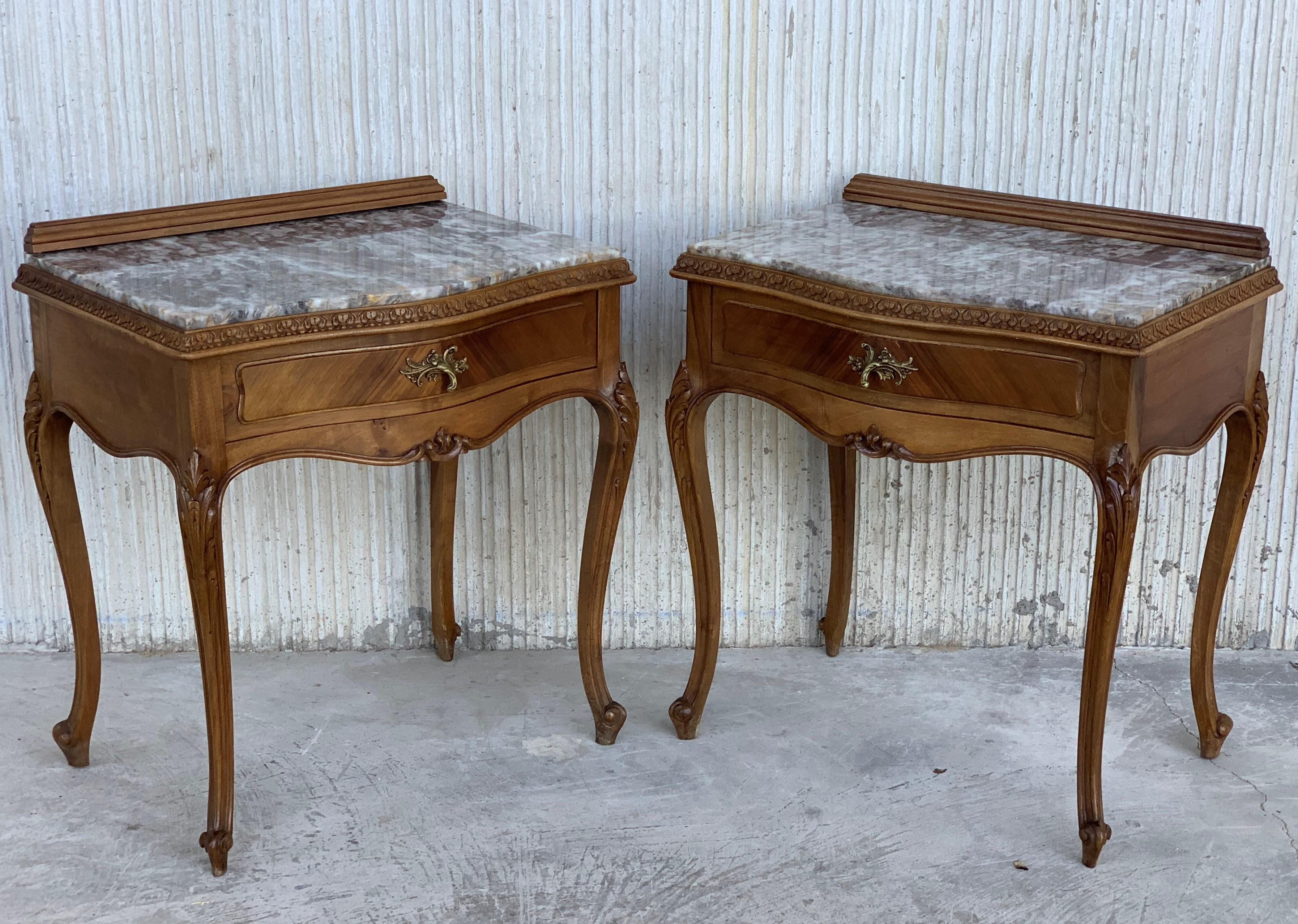 19th century pair of Louis XV carved nightstand with one drawer and marble top.