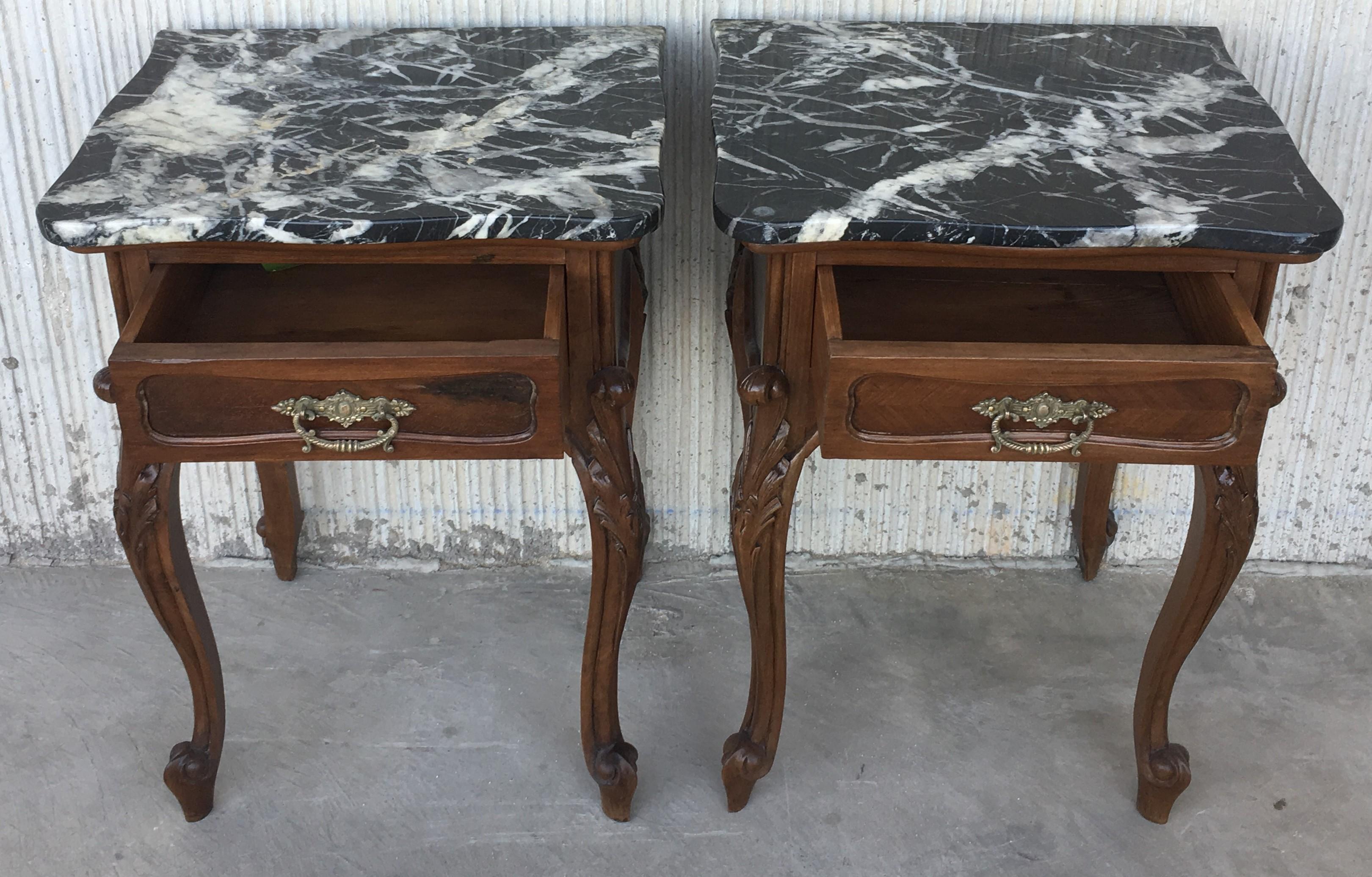 Marble 19th Century Pair of French Louis XV Carved Nightstands