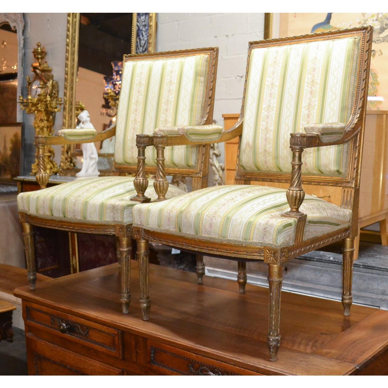 Damask 19th Century Pair of French Louis XVI Armchairs