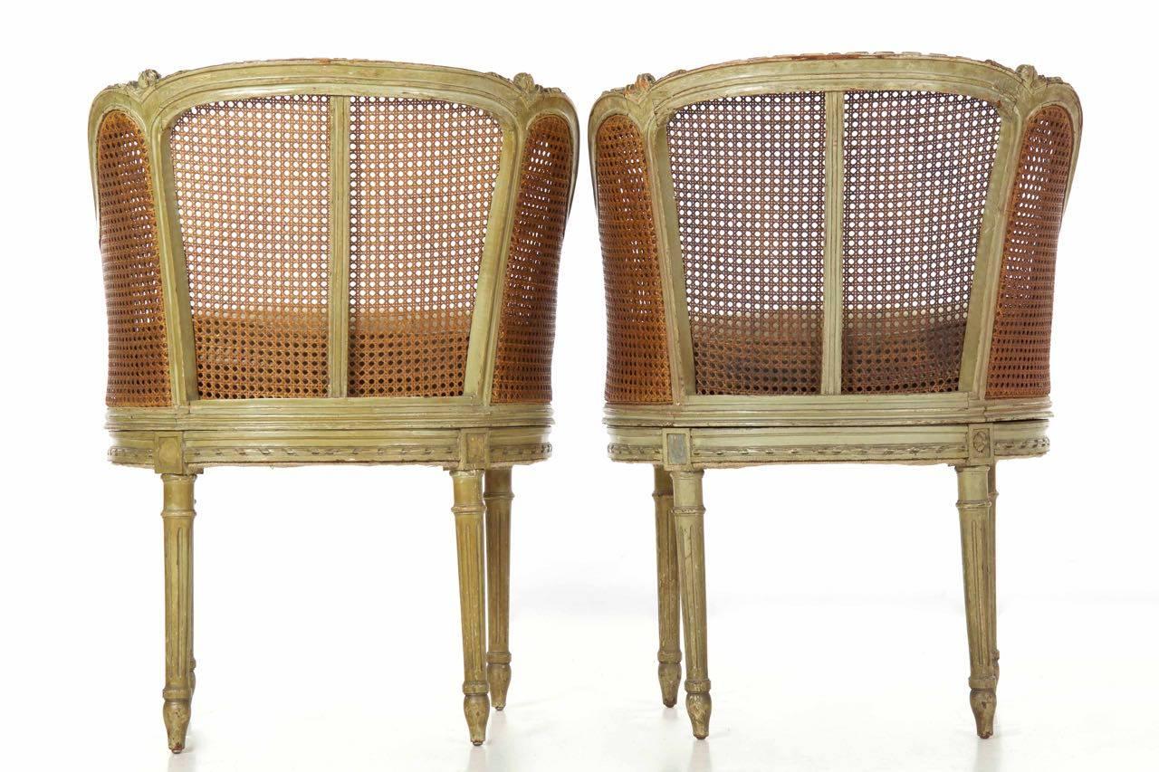 Hand-Painted 19th Century Pair of French Louis XVI Style Antique Roundback Armchairs