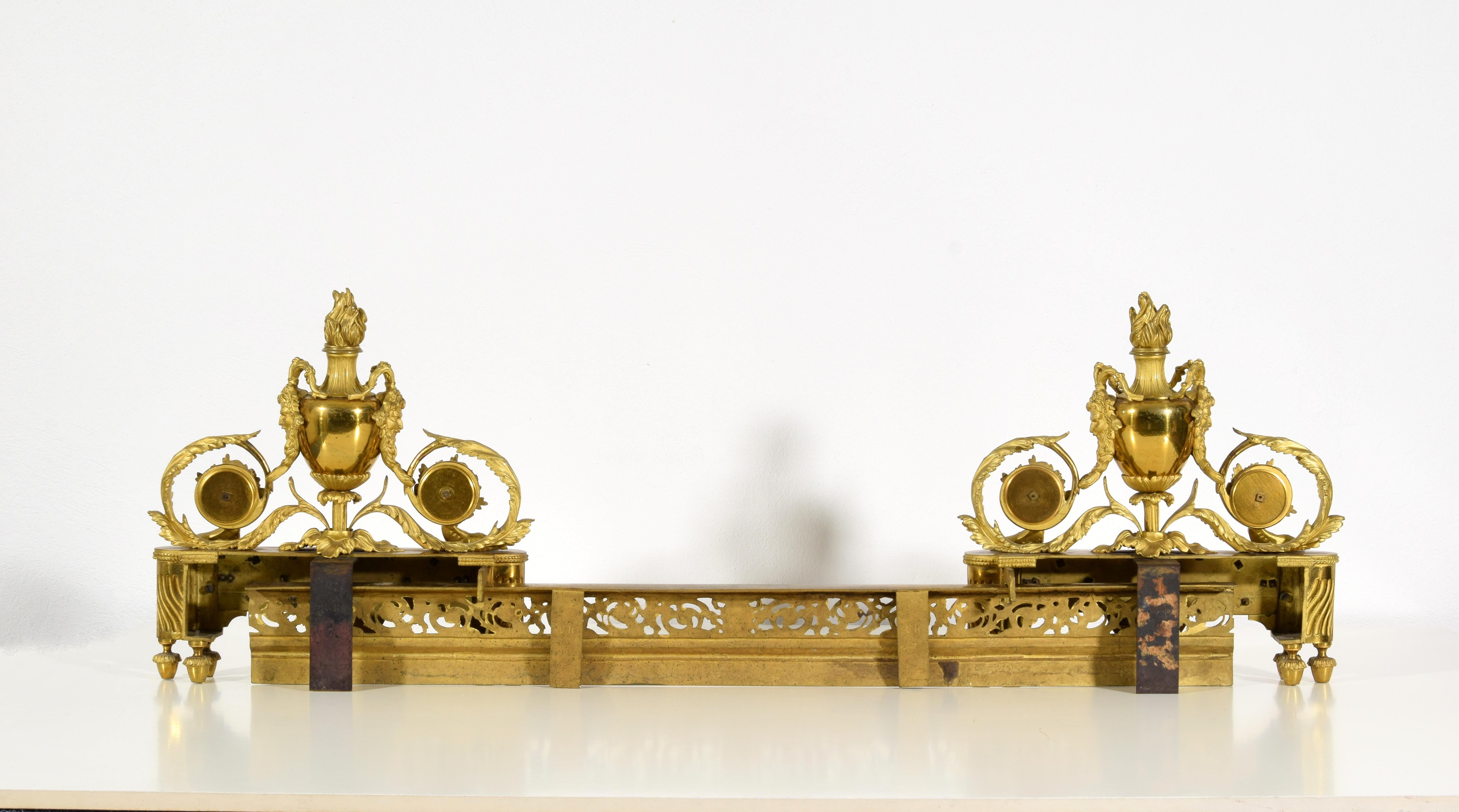 19th century, Pair of French Louis XVI Style Gild Bronze Fireplace Chenets  For Sale 6