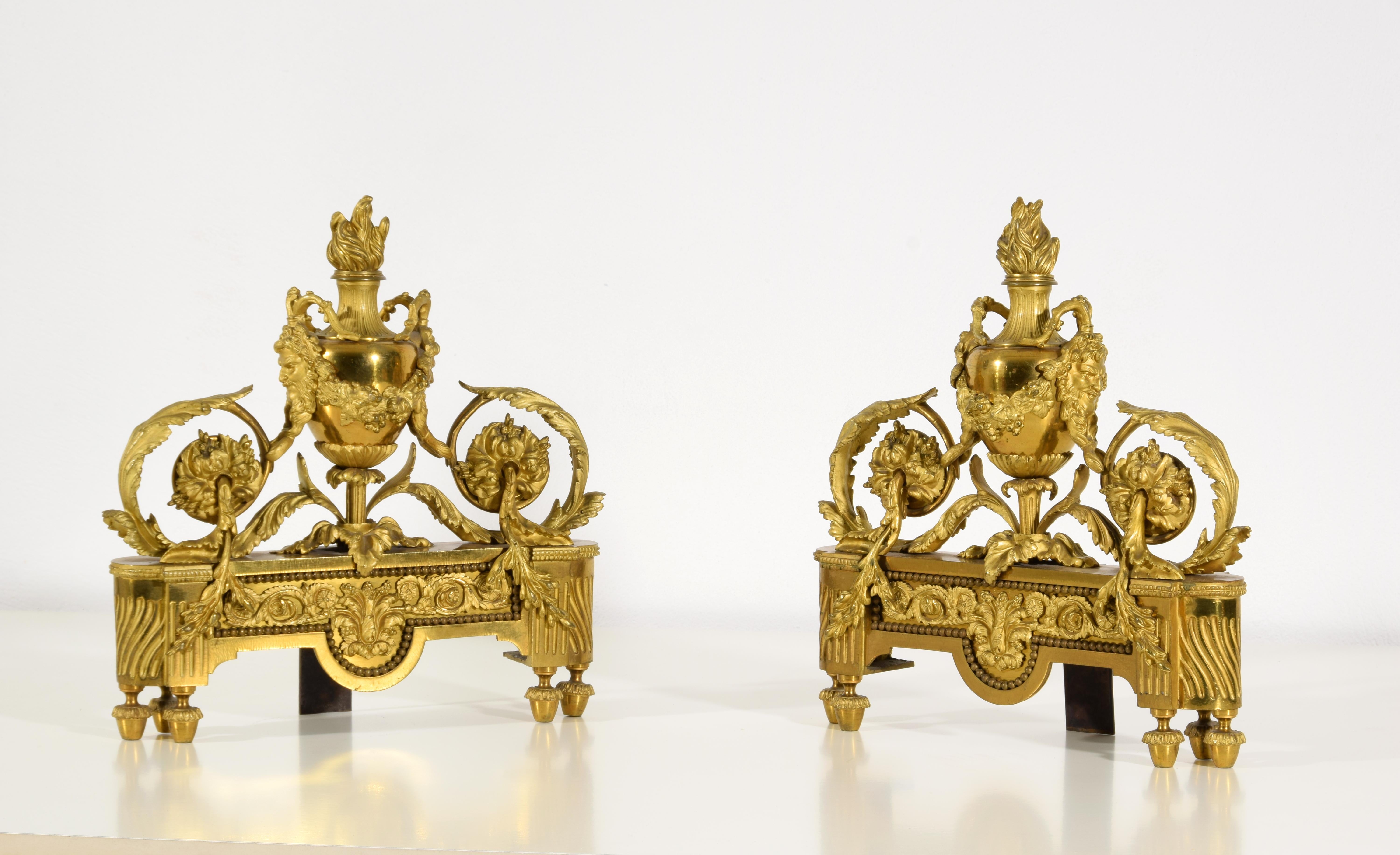 19th century, Pair of French Louis XVI Style Gild Bronze Fireplace Chenets  For Sale 8