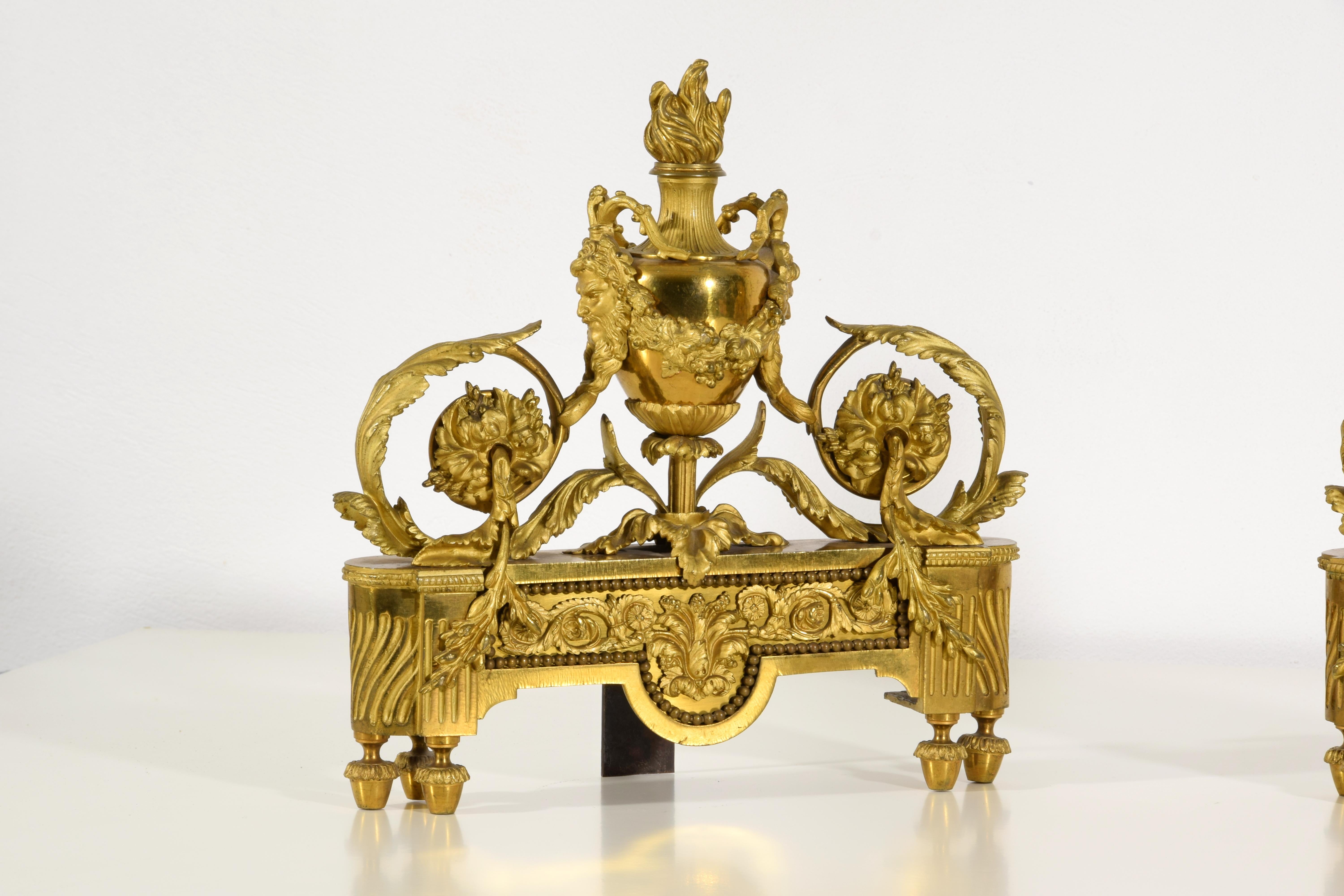 19th century, Pair of French Louis XVI Style Gild Bronze Fireplace Chenets  For Sale 9