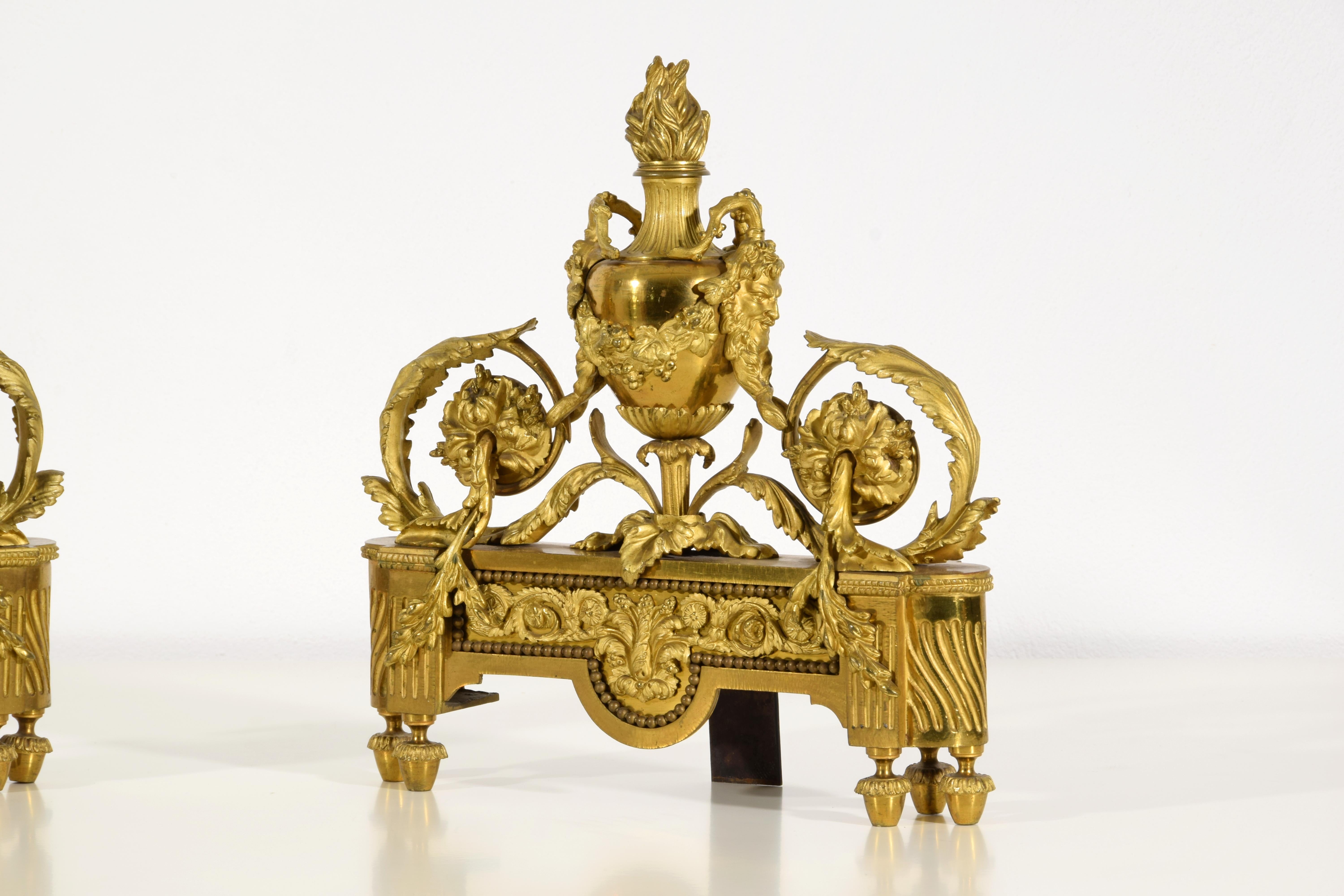 19th century, Pair of French Louis XVI Style Gild Bronze Fireplace Chenets  For Sale 10