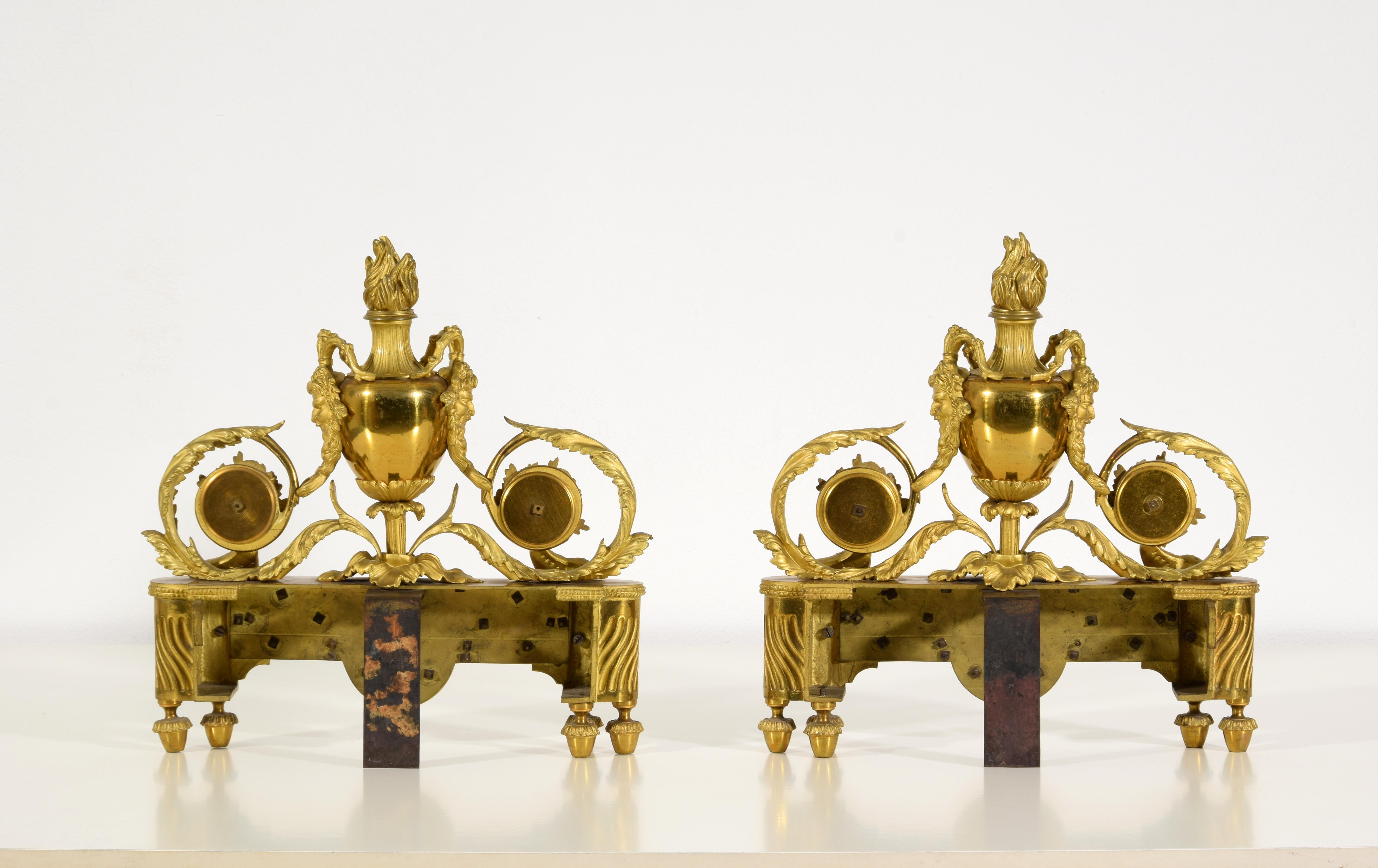 19th century, Pair of French Louis XVI Style Gild Bronze Fireplace Chenets  For Sale 11
