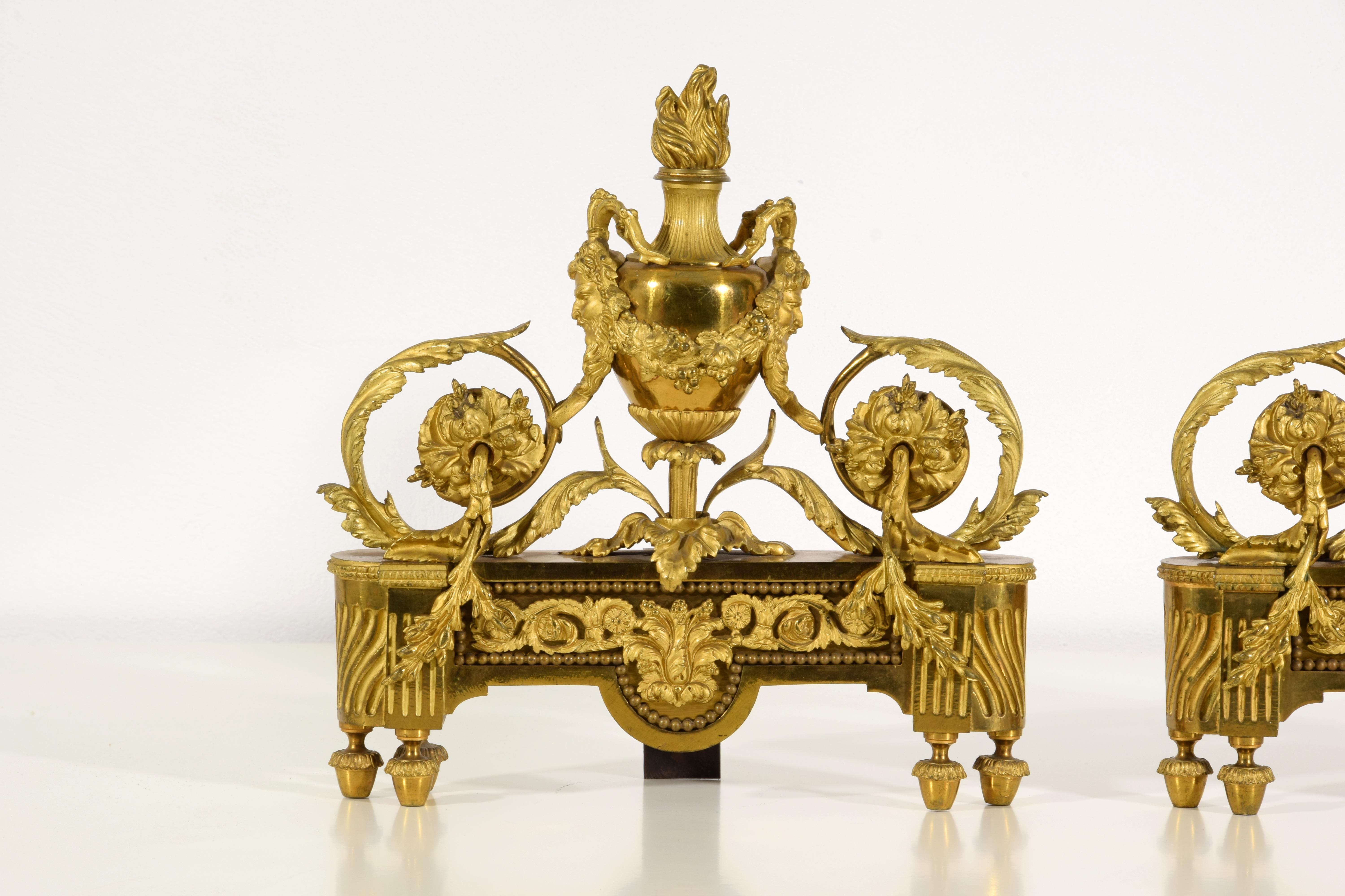 19th century, Pair of French Louis XVI Style Gild Bronze Fireplace Chenets  For Sale 12
