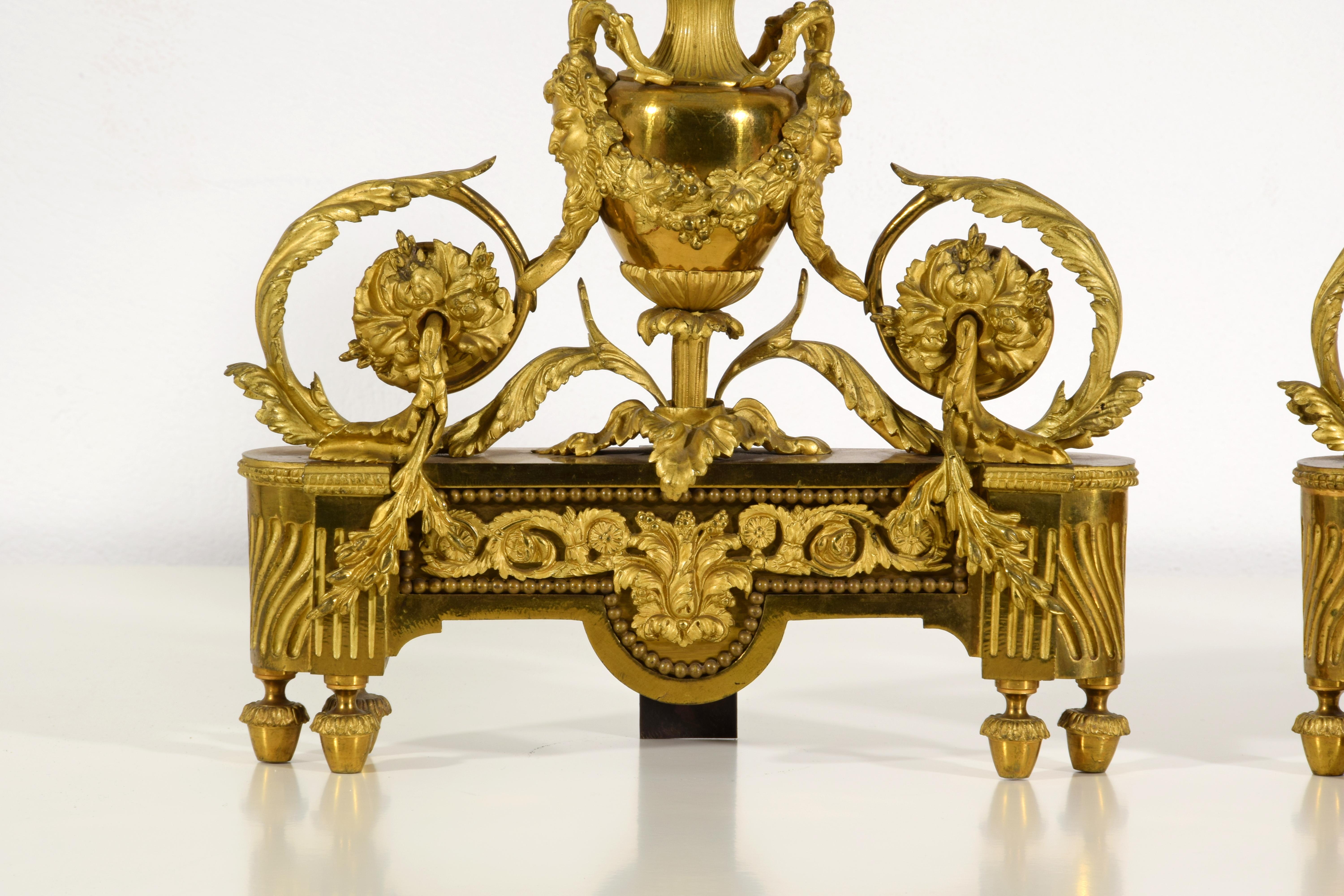 19th century, Pair of French Louis XVI Style Gild Bronze Fireplace Chenets  For Sale 13