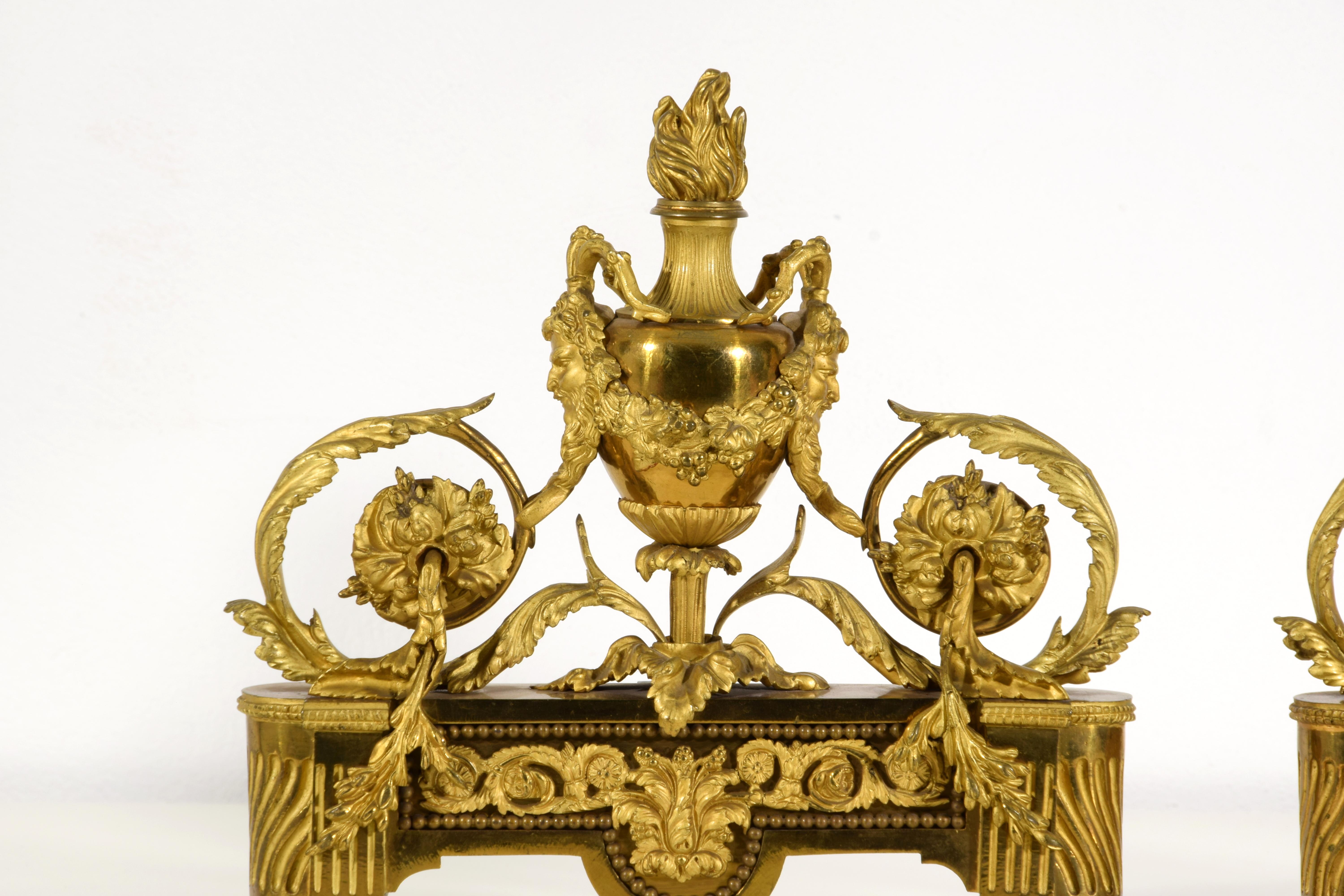 19th century, Pair of French Louis XVI Style Gild Bronze Fireplace Chenets  For Sale 14