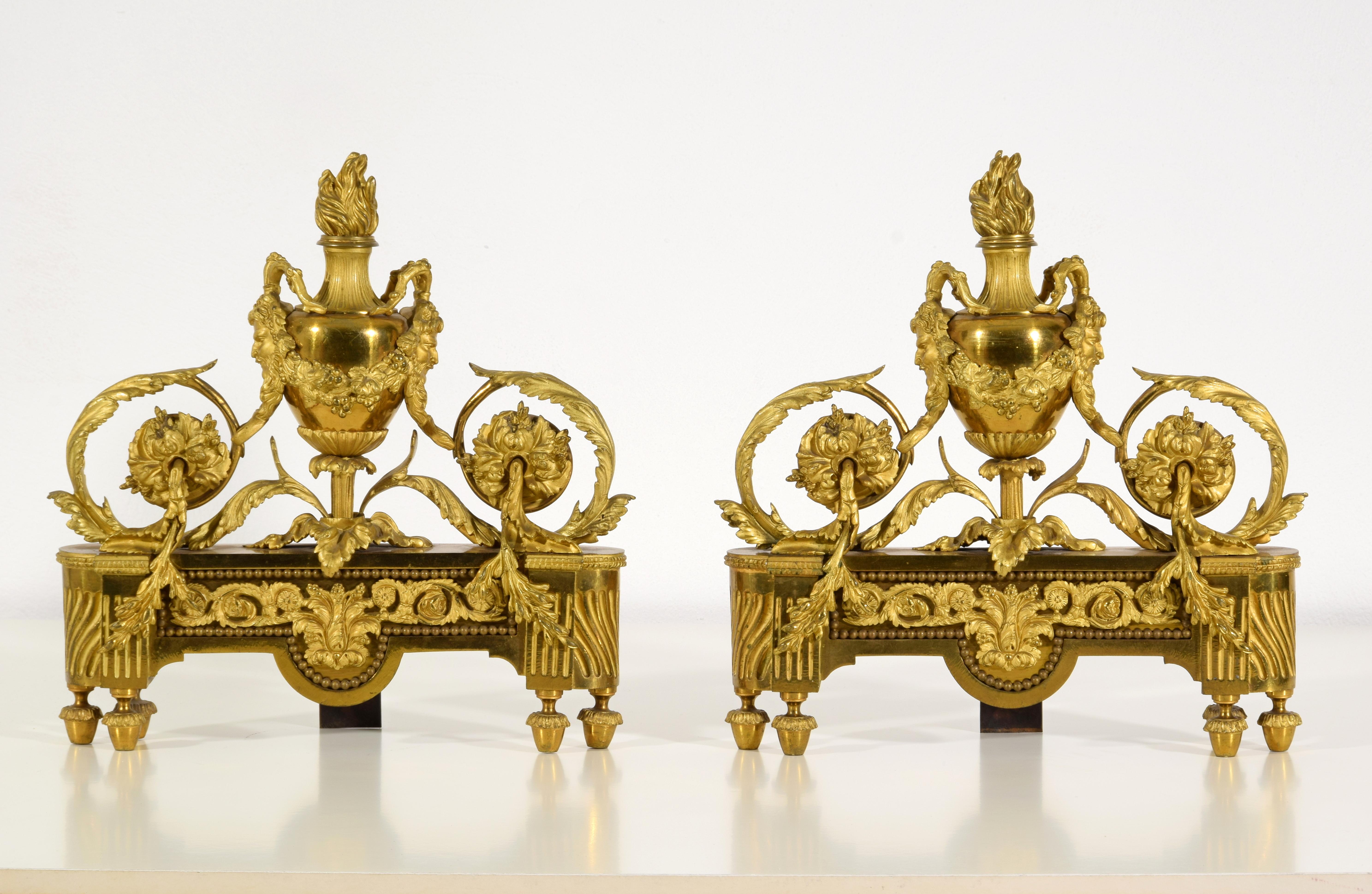 Gilt 19th century, Pair of French Louis XVI Style Gild Bronze Fireplace Chenets  For Sale