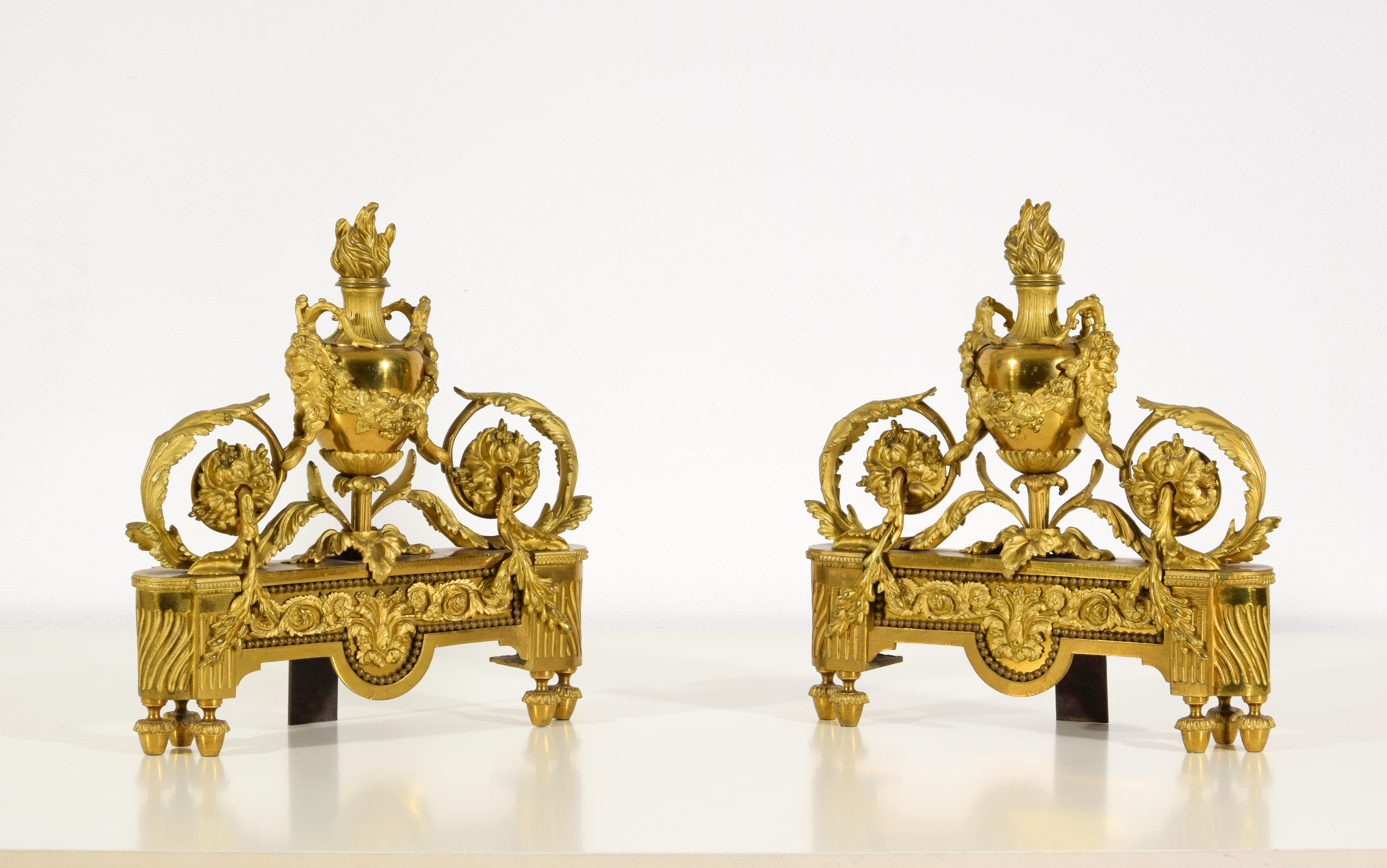 19th Century 19th century, Pair of French Louis XVI Style Gild Bronze Fireplace Chenets  For Sale