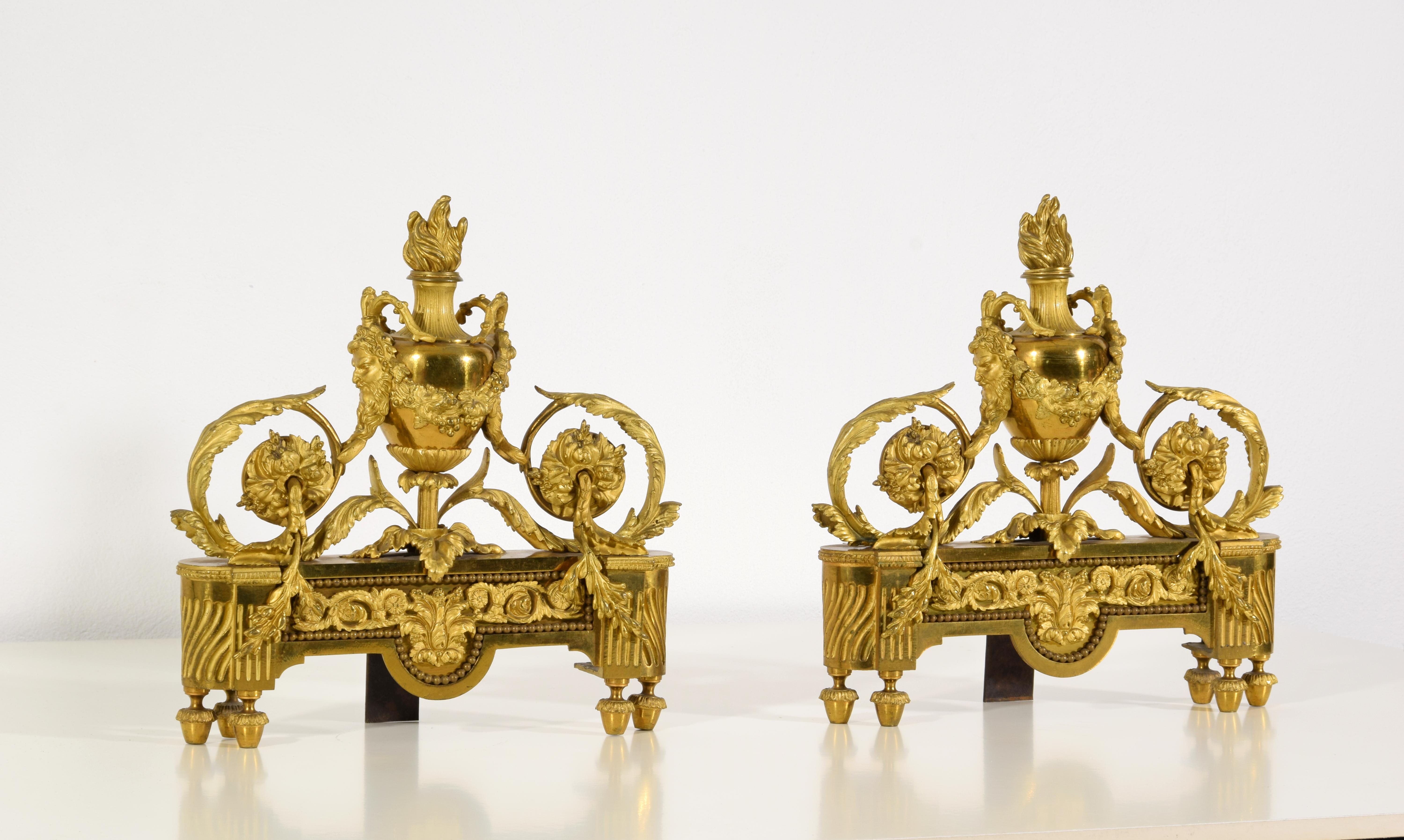 19th century, Pair of French Louis XVI Style Gild Bronze Fireplace Chenets  For Sale 1