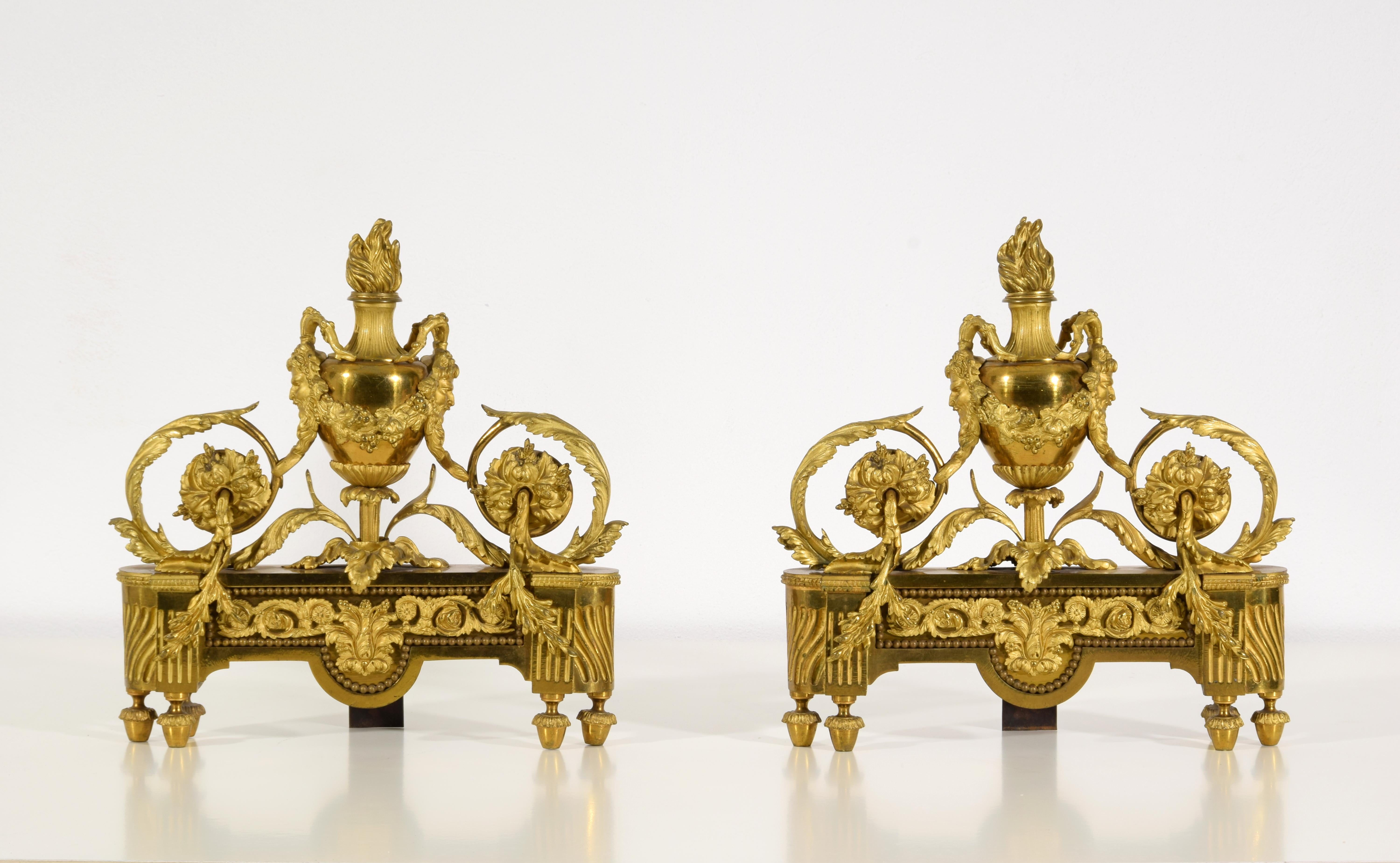 19th century, Pair of French Louis XVI Style Gild Bronze Fireplace Chenets  For Sale 2