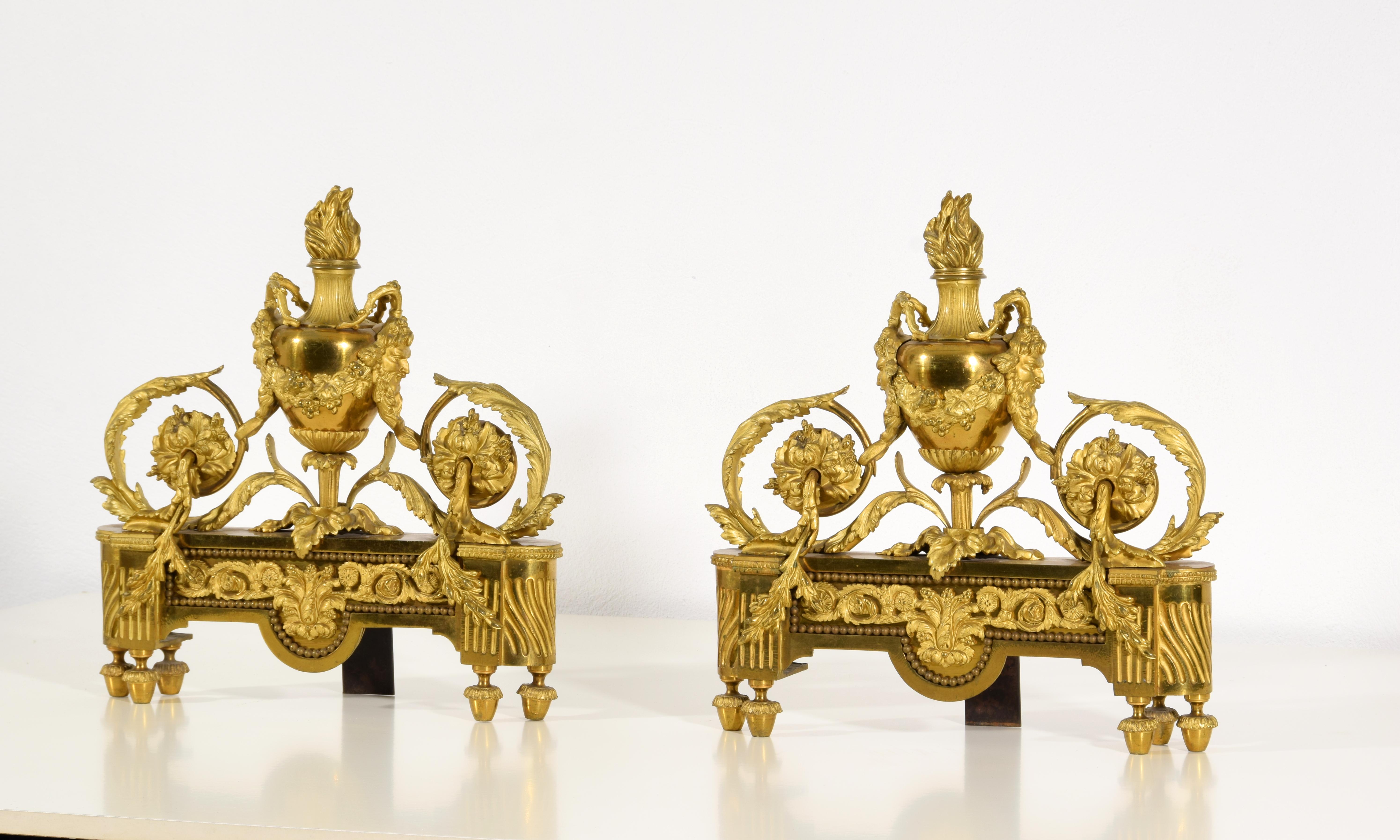 19th century, Pair of French Louis XVI Style Gild Bronze Fireplace Chenets  For Sale 3