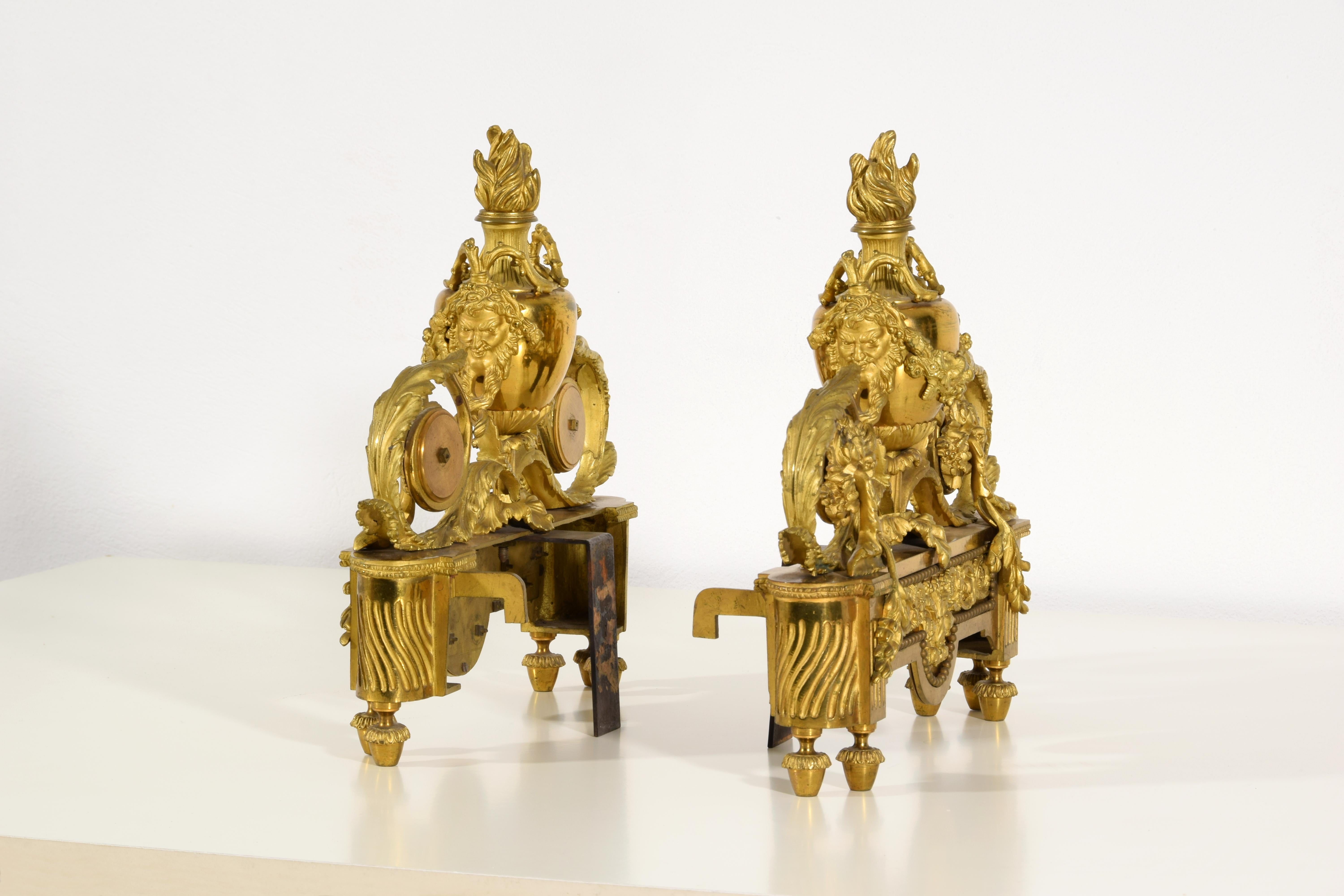 19th century, Pair of French Louis XVI Style Gild Bronze Fireplace Chenets  For Sale 4