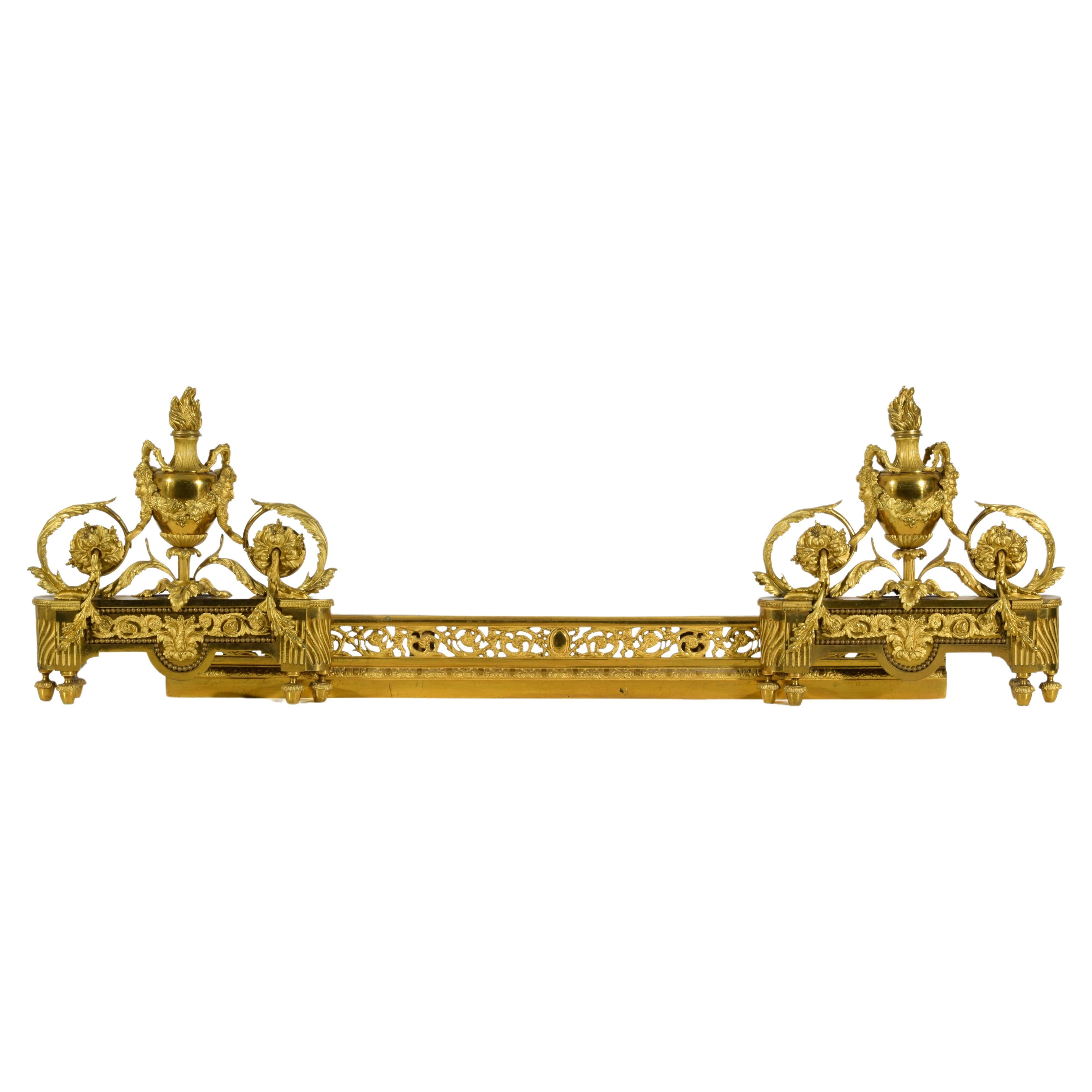 19th century, Pair of French Louis XVI Style Gild Bronze Fireplace Chenets 