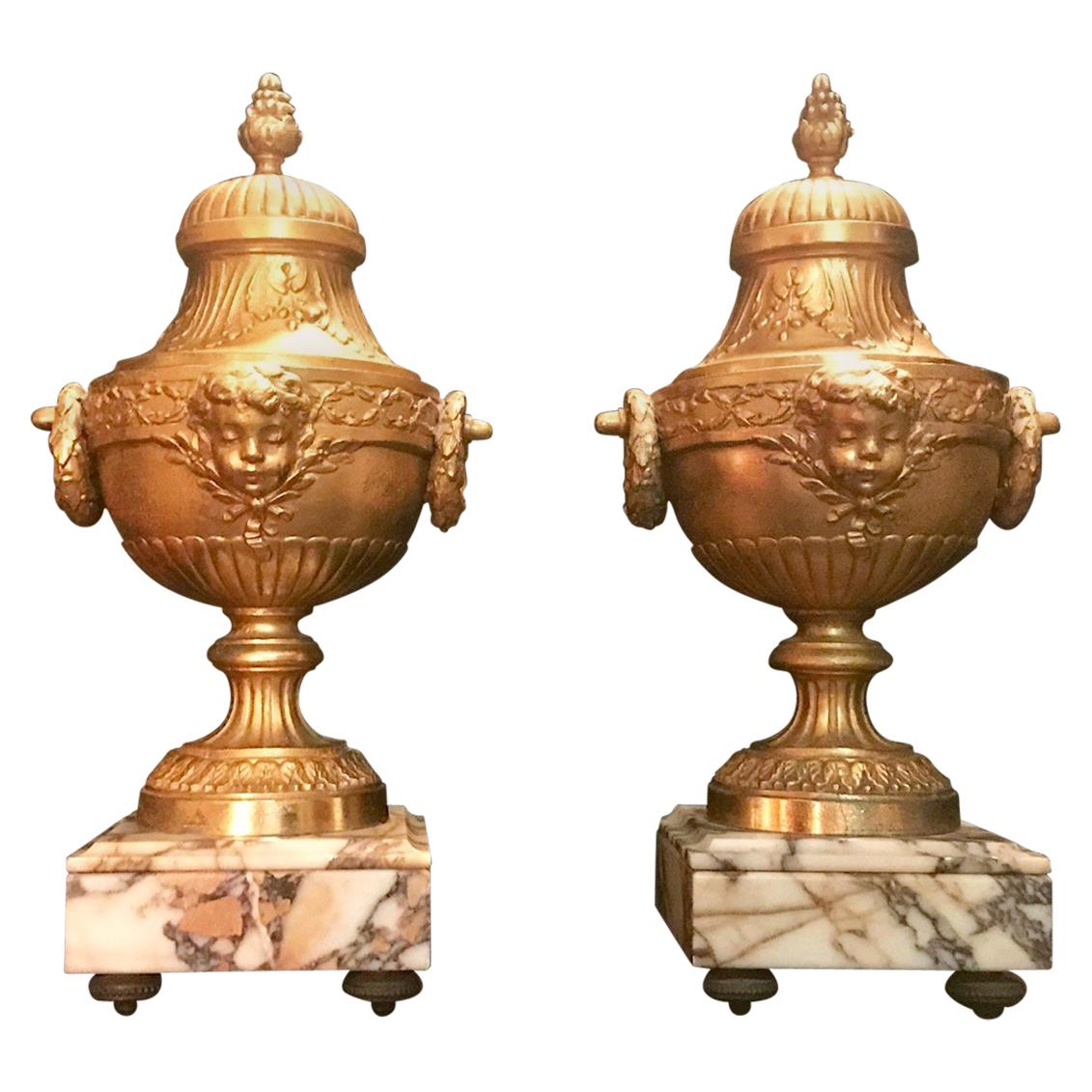 19th Century Pair of French Louis XVI Style Gilt Bronze lidded Urns 