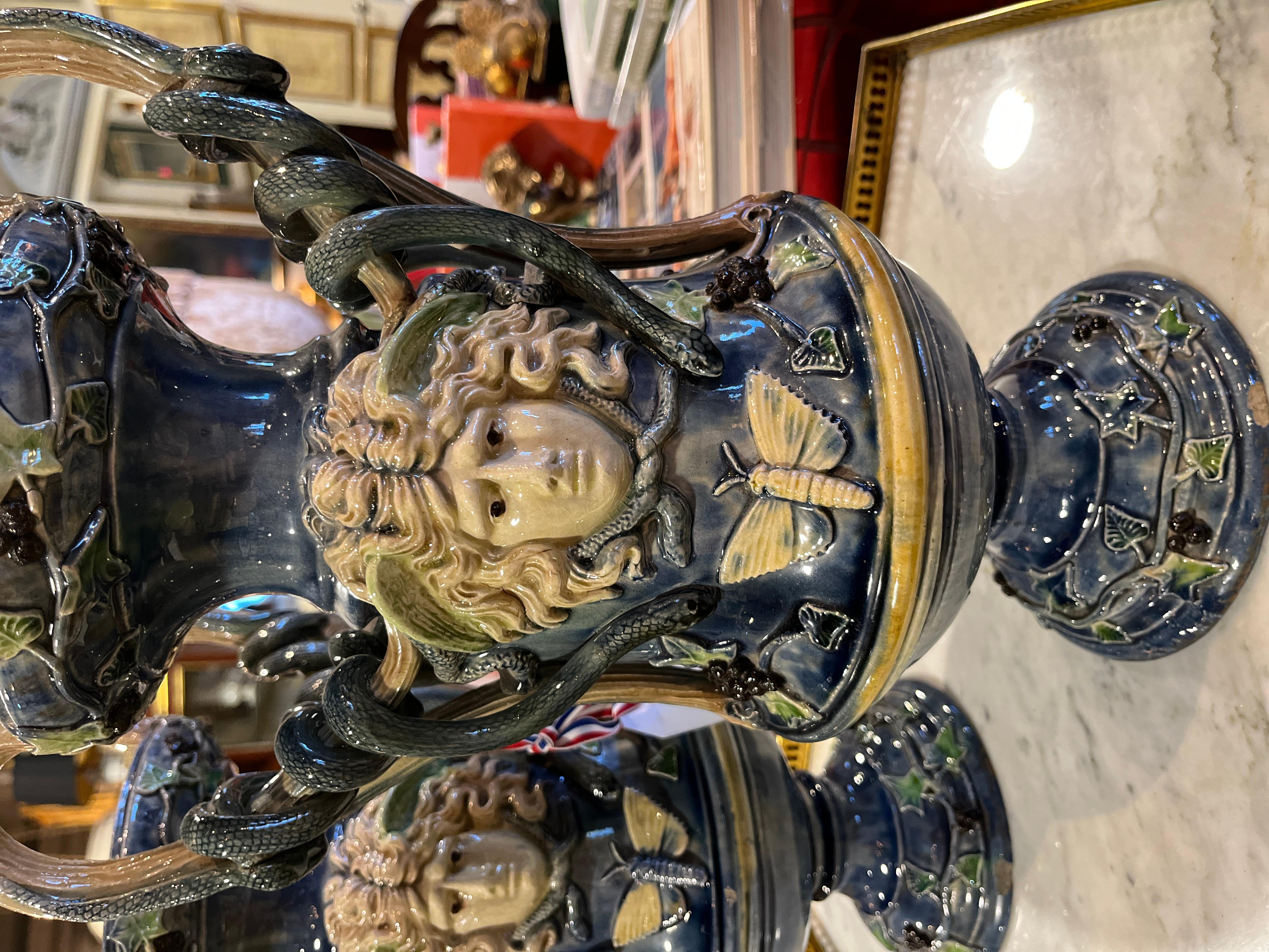 Victorian 19th Century Pair of French Majolica Urns For Sale