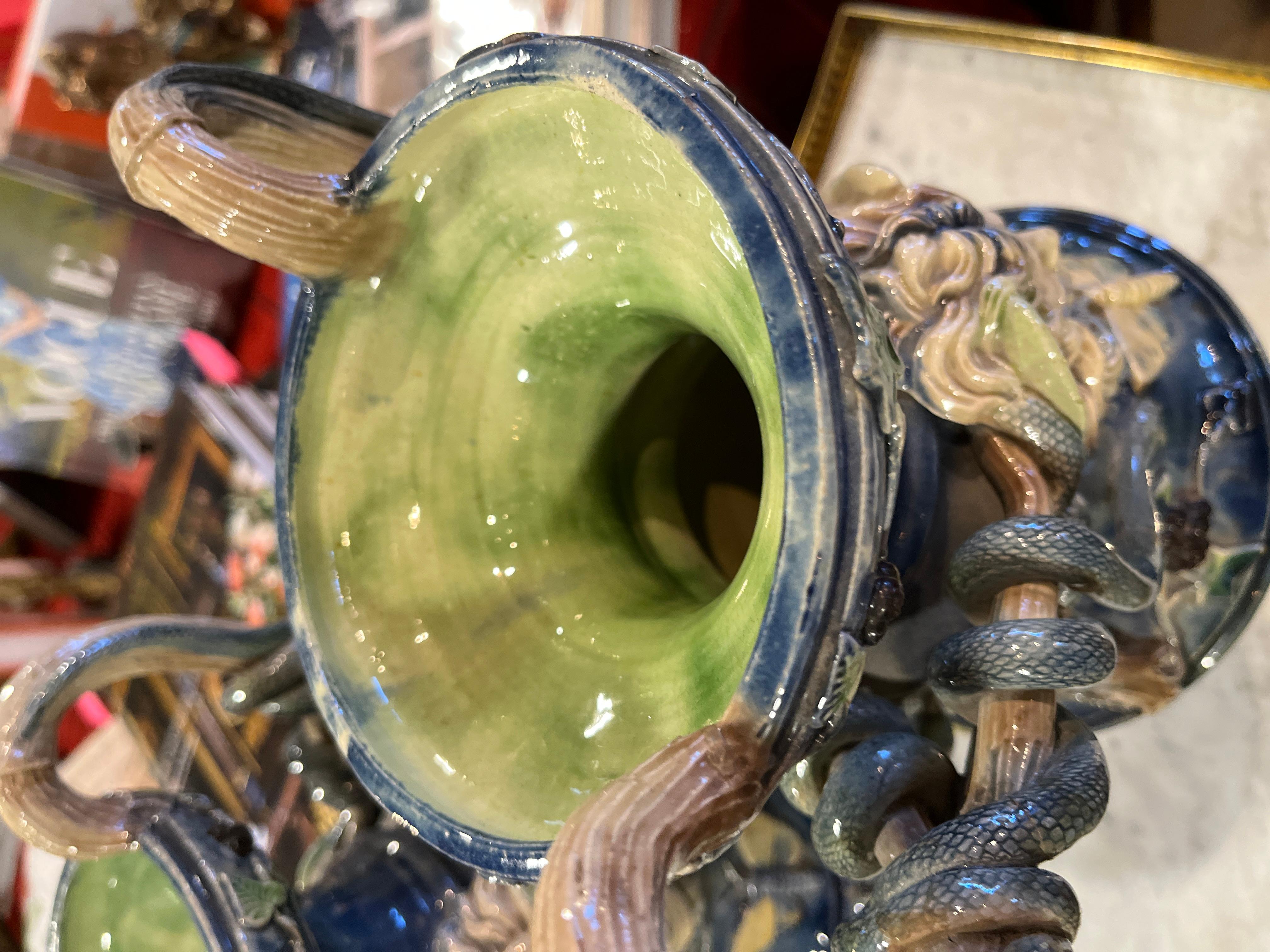 19th Century Pair of French Majolica Urns In Good Condition For Sale In Scottsdale, AZ