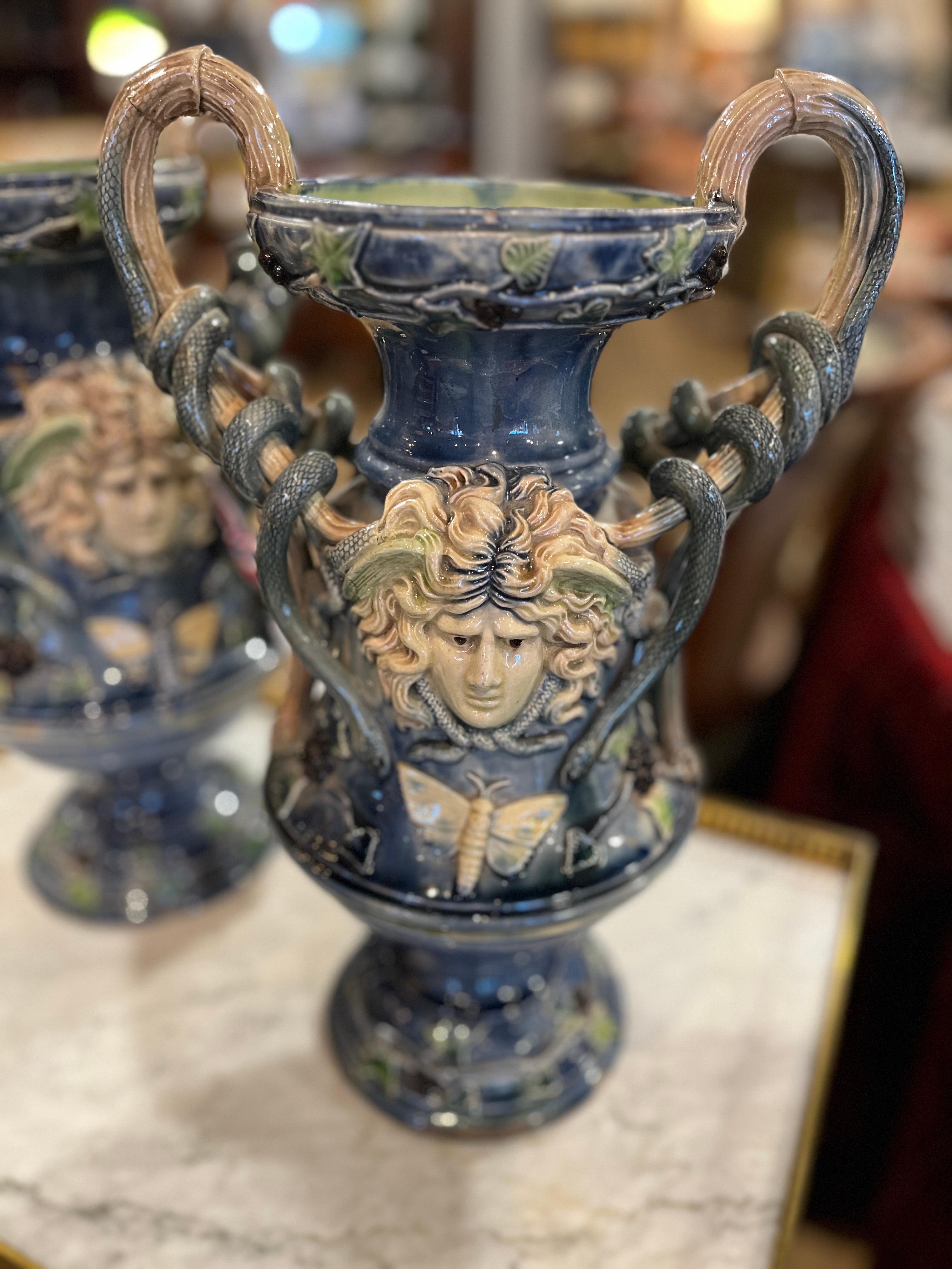 19th Century Pair of French Majolica Urns For Sale 2