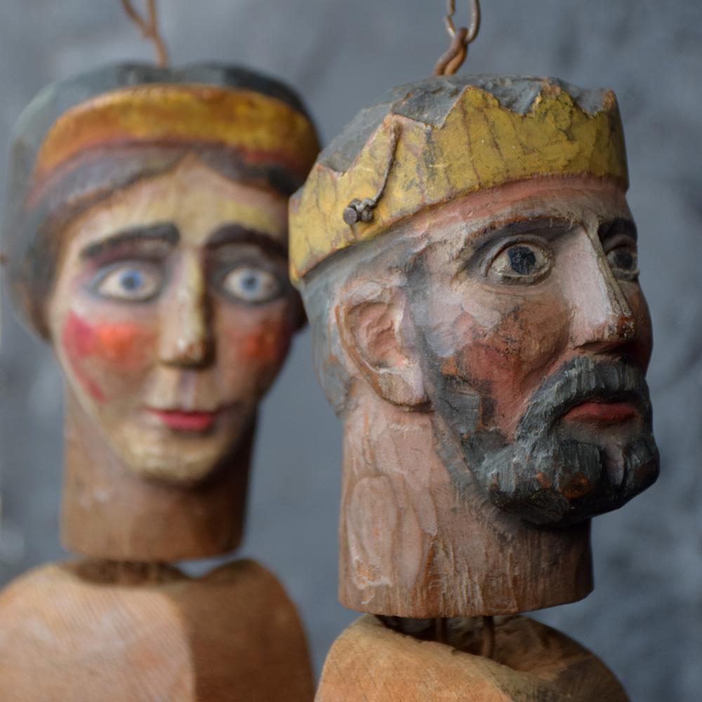 We are proud to offer a pair of wonderfully hand carved Folk Art French Marquette’s. These items are made from scratch with fully articulated limbs, carved shoes and amazing characteristic heads. These figures depict a king and queen and would have