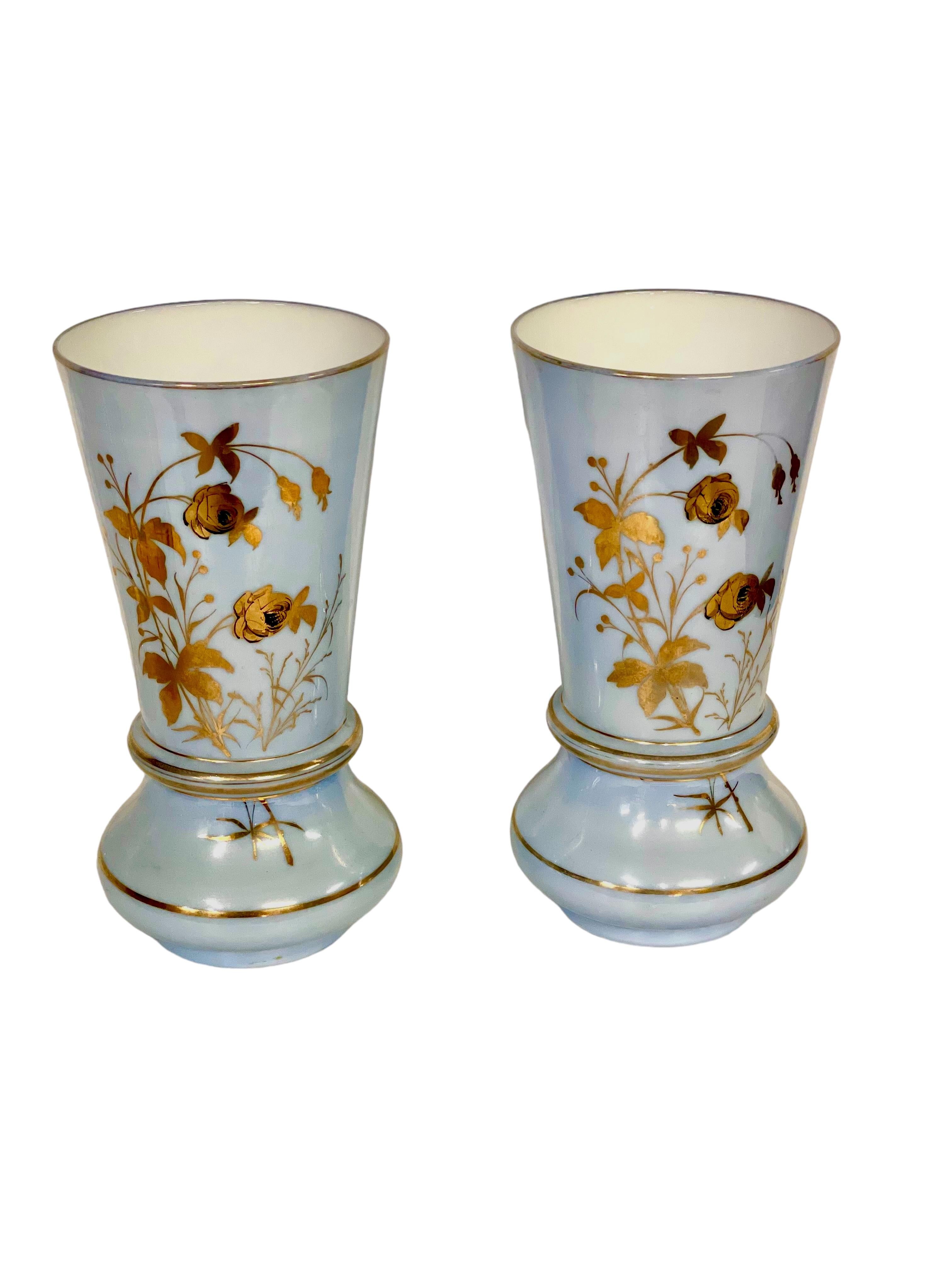 Pair of Large Gilt and Pale Blue Opaline Vases, Napoleon III Period For Sale 5
