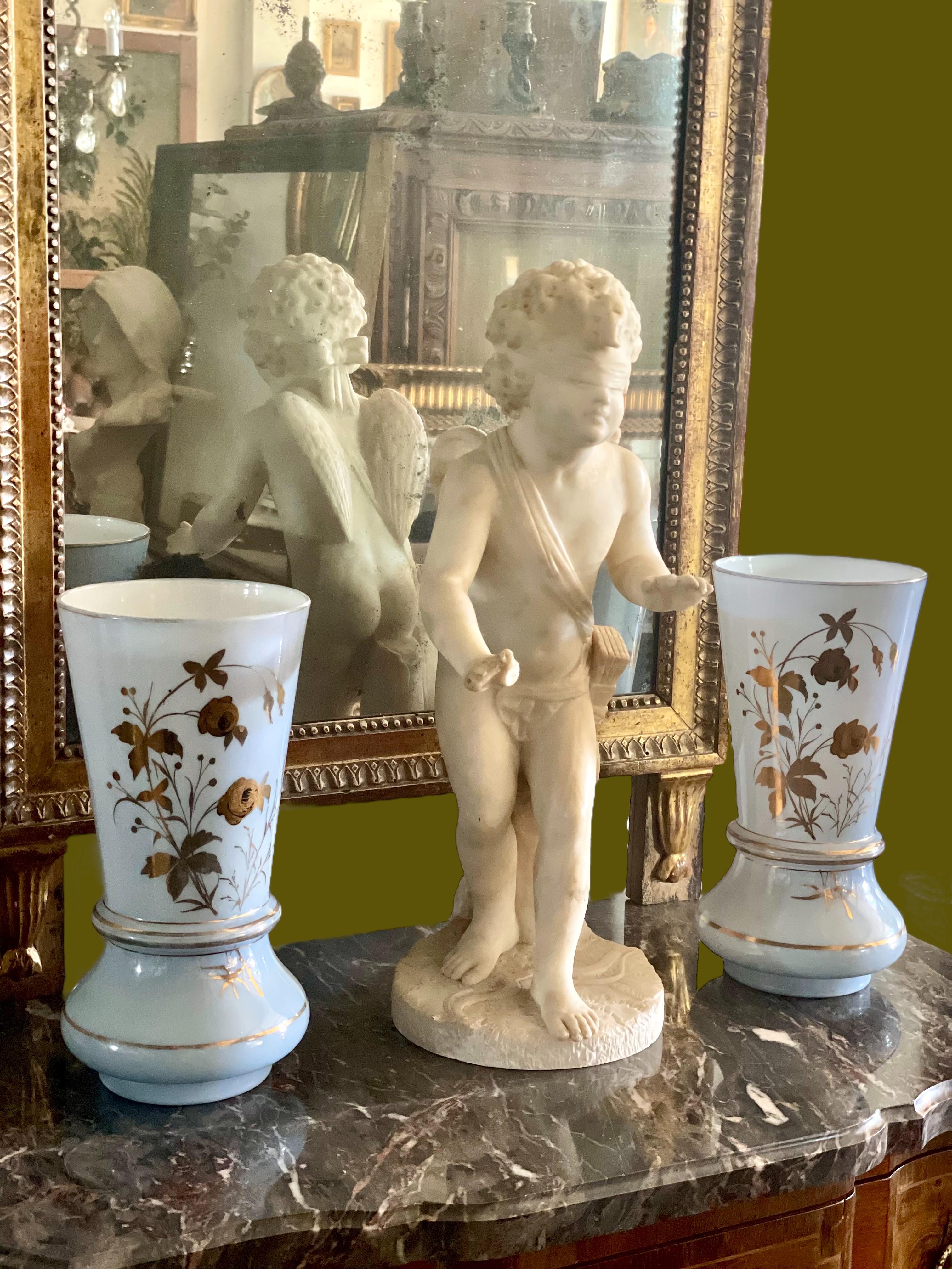 Pair of Large Gilt and Pale Blue Opaline Vases, Napoleon III Period For Sale 6