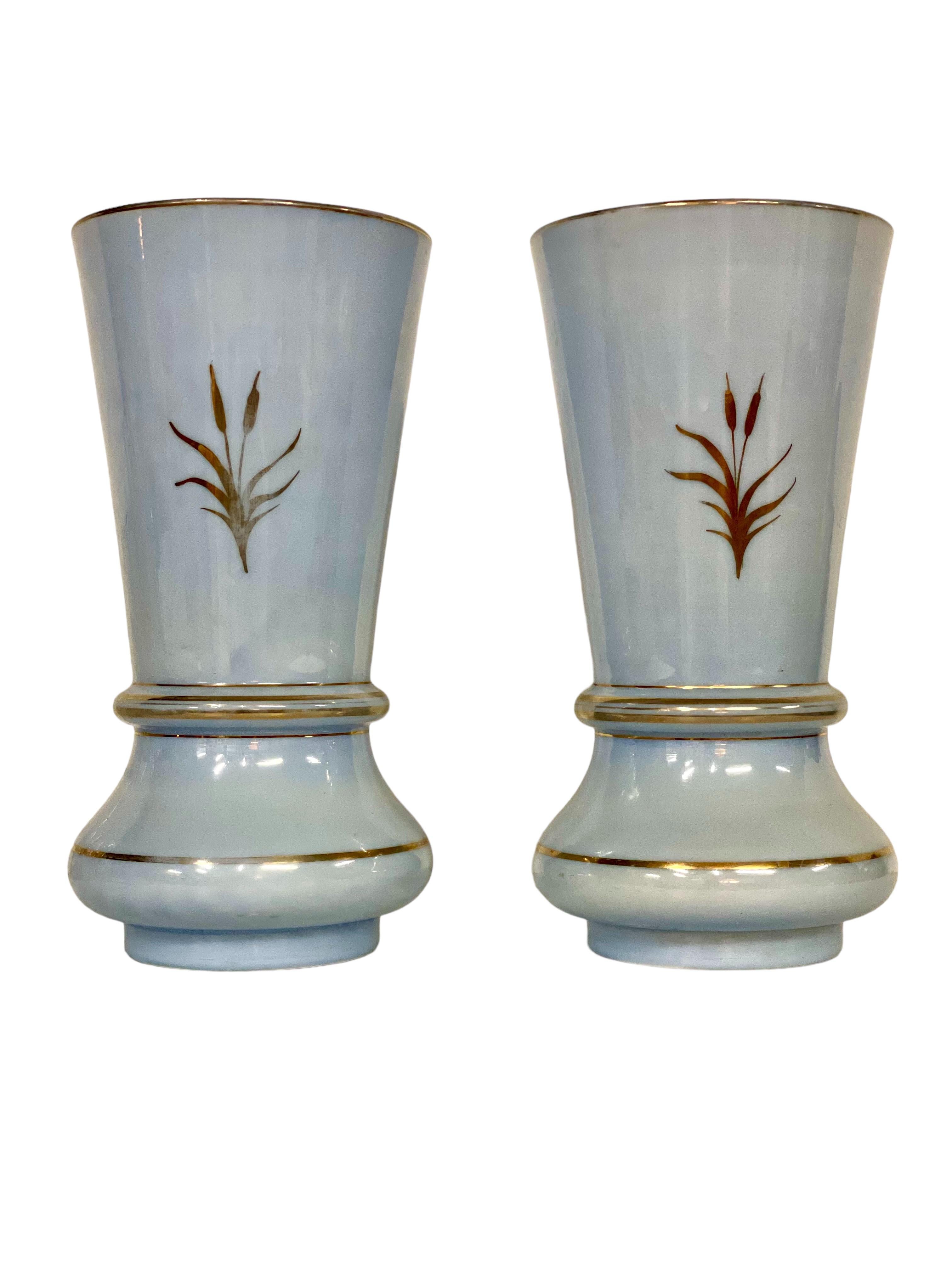 French Pair of Large Gilt and Pale Blue Opaline Vases, Napoleon III Period For Sale
