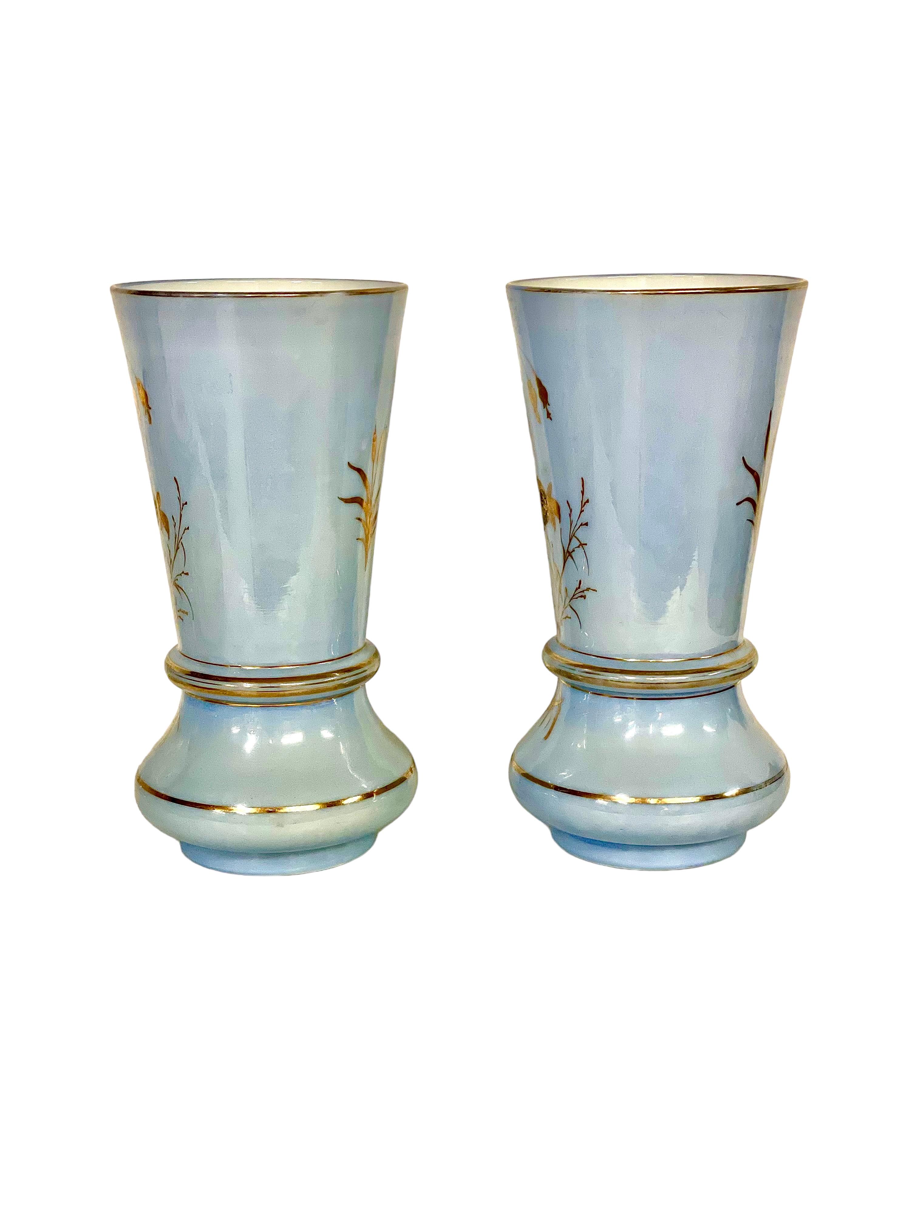 Pair of Large Gilt and Pale Blue Opaline Vases, Napoleon III Period In Good Condition For Sale In LA CIOTAT, FR