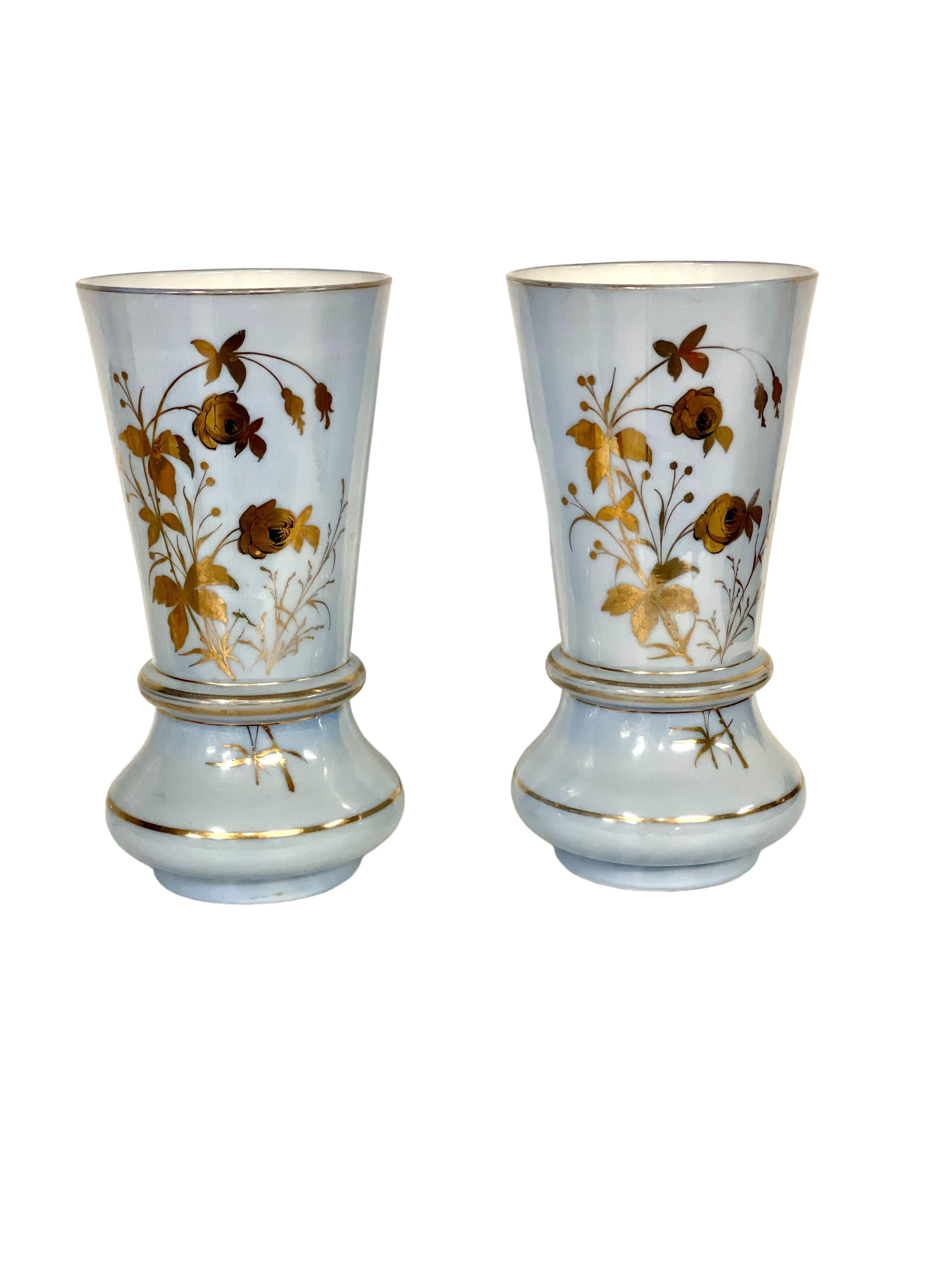 Pair of Large Gilt and Pale Blue Opaline Vases, Napoleon III Period For Sale 1