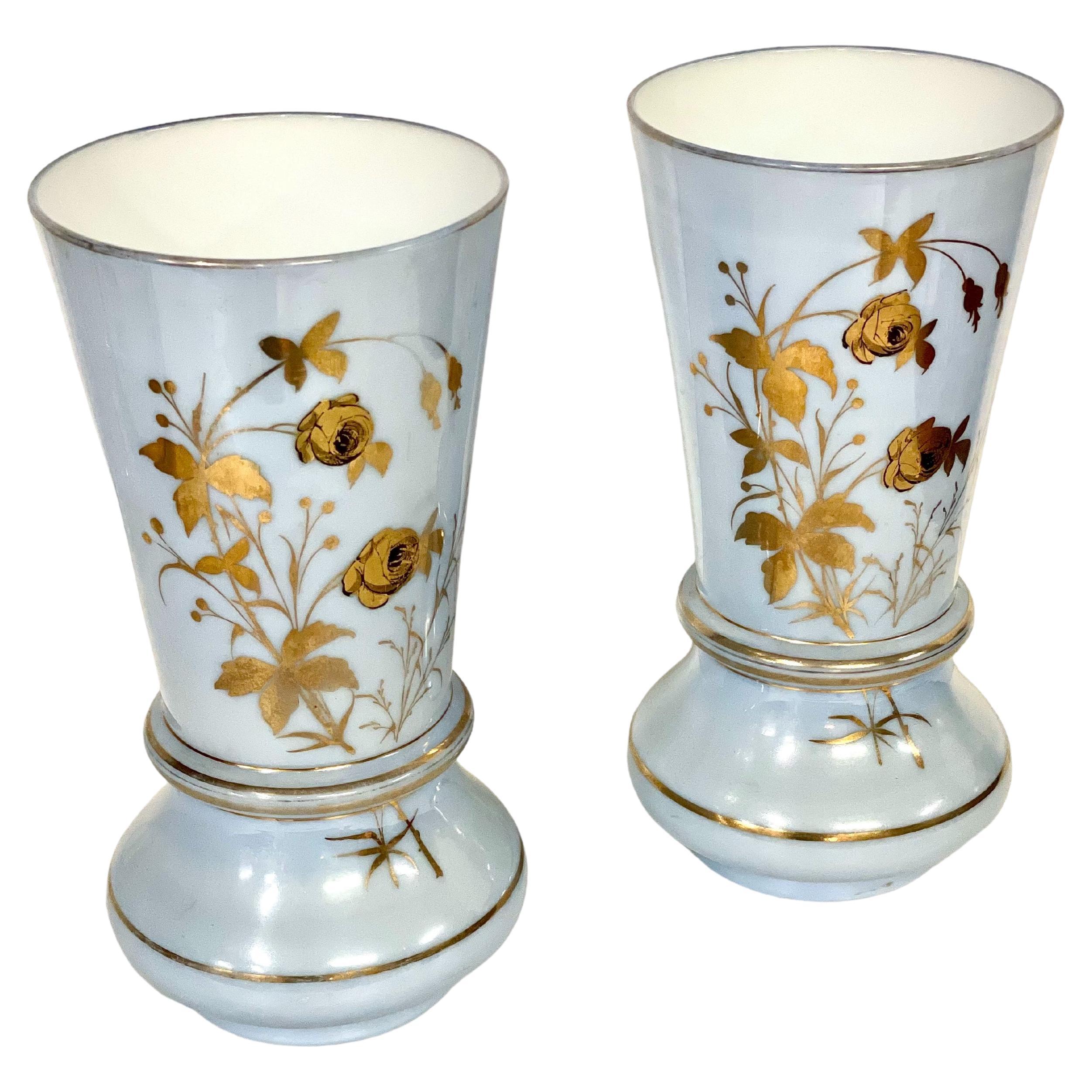 Pair of Large Gilt and Pale Blue Opaline Vases, Napoleon III Period For Sale