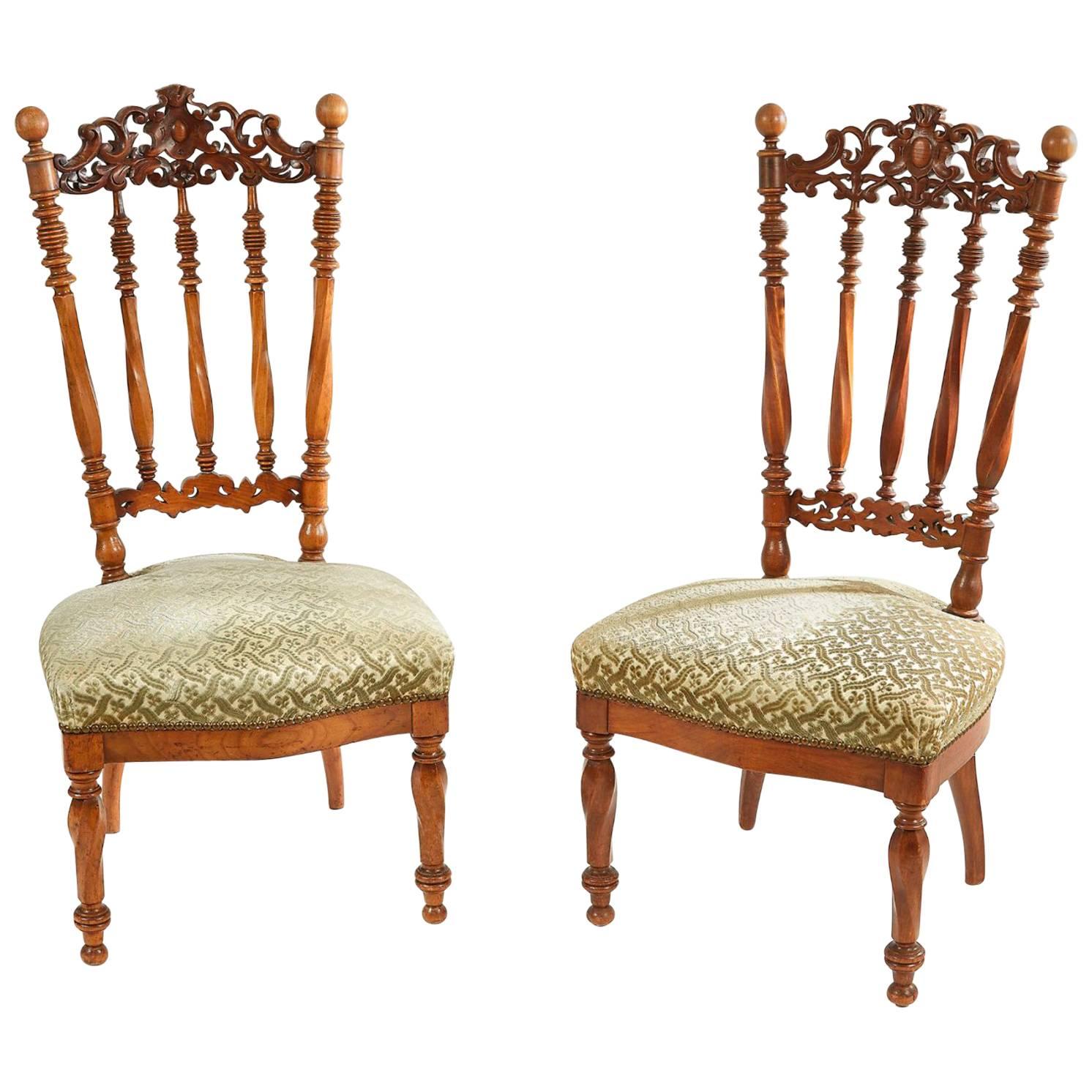 19th Century Pair of French Natural Wood Chairs with Openwork Back