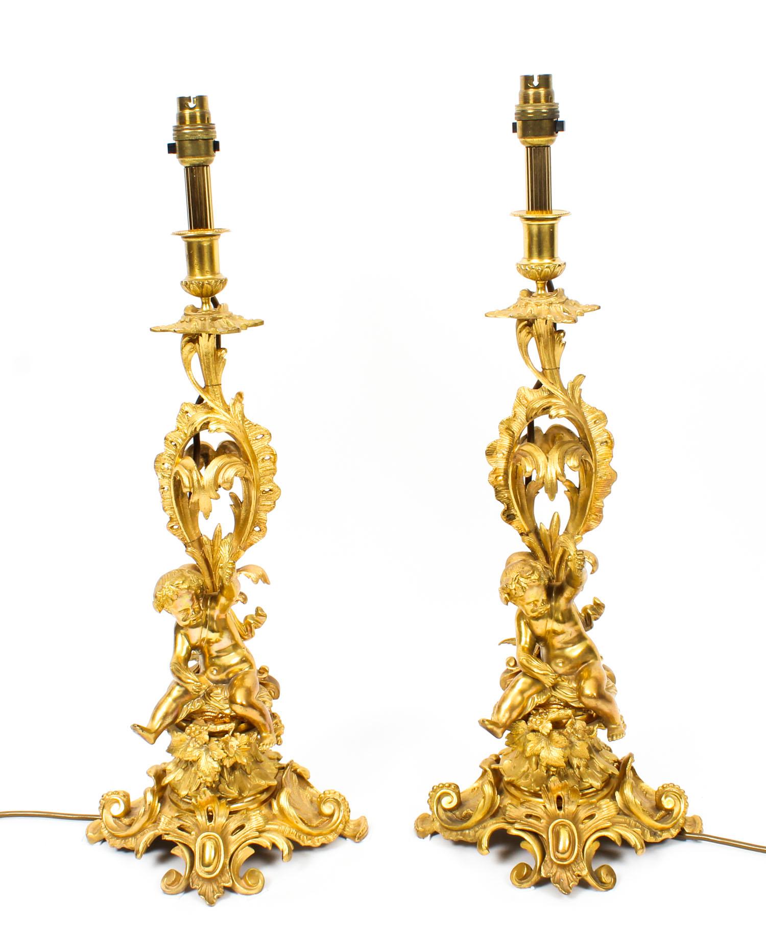 19th Century Pair of French Ormolu Cherub Candelabra Table Lamps 11